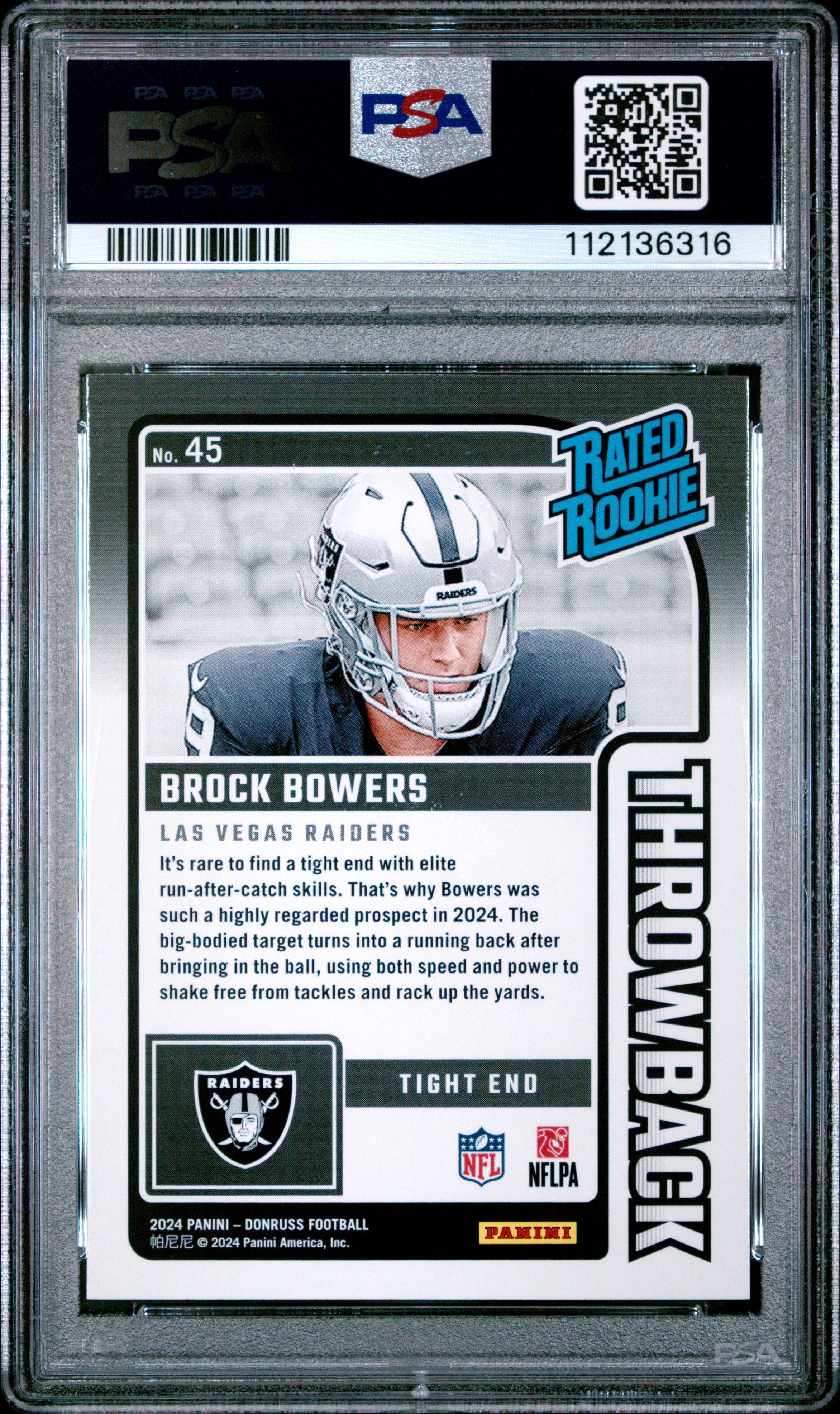 Graded 2024 Panini Donruss Brock Bowers #45 Rated Rookies Throwback Rookie RC Football Card PSA 10 Gem Mint