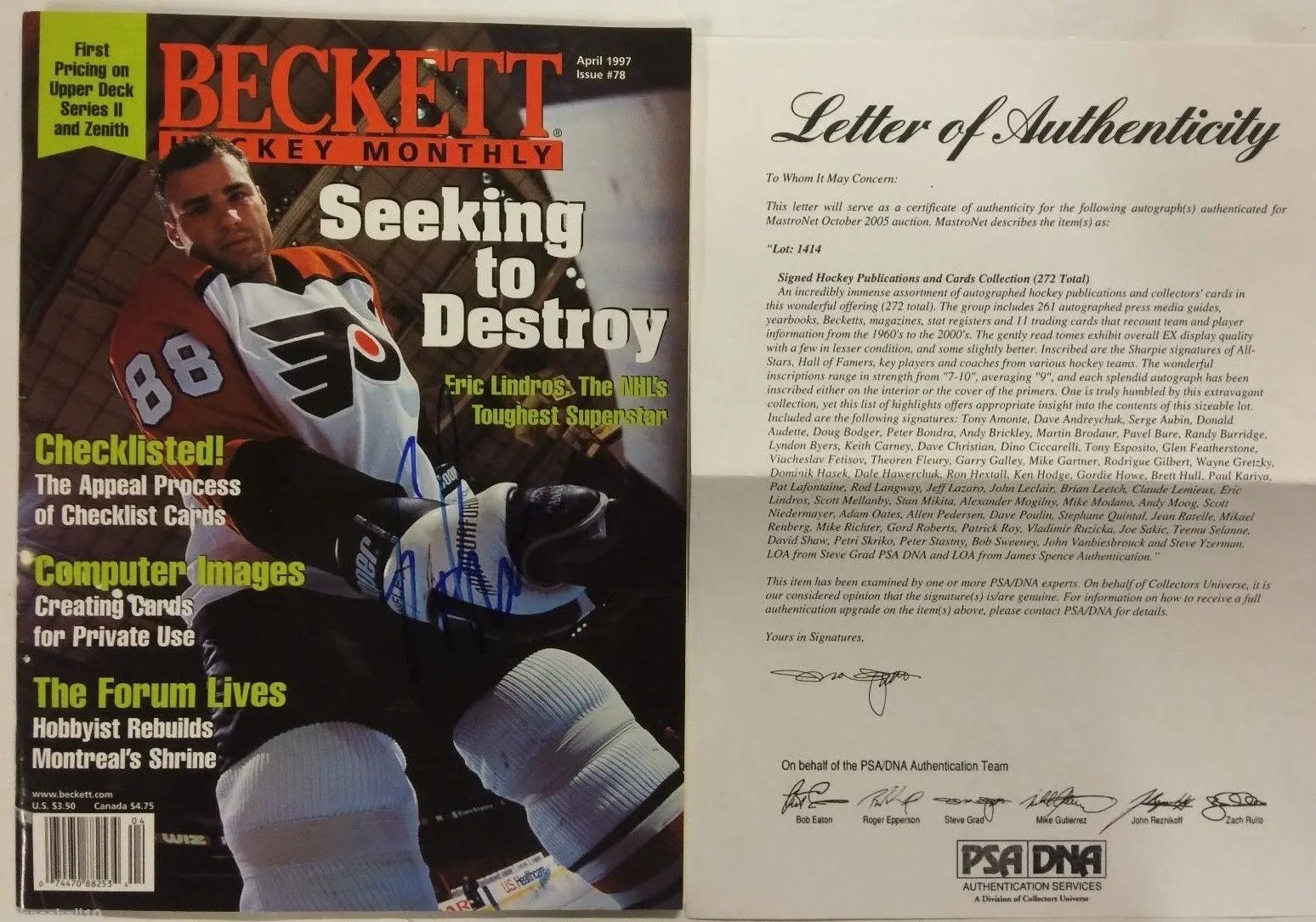Eric Lindros And Andy Moog Autographed Signed Beckett Hockey Monthly Psa Loa