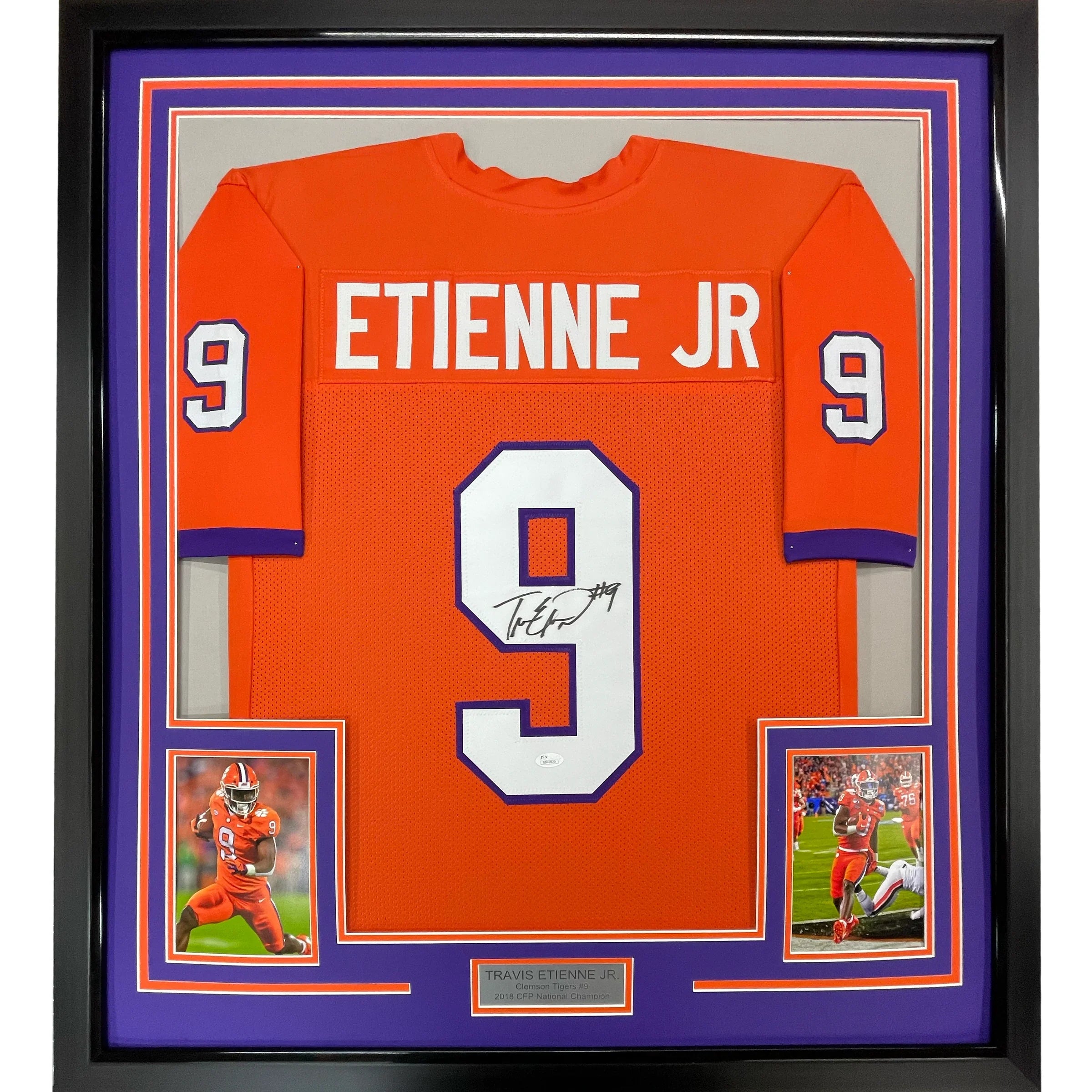 Framed Autographed/Signed Travis Etienne Jr. 35x39 Clemson Orange College Football Jersey JSA COA