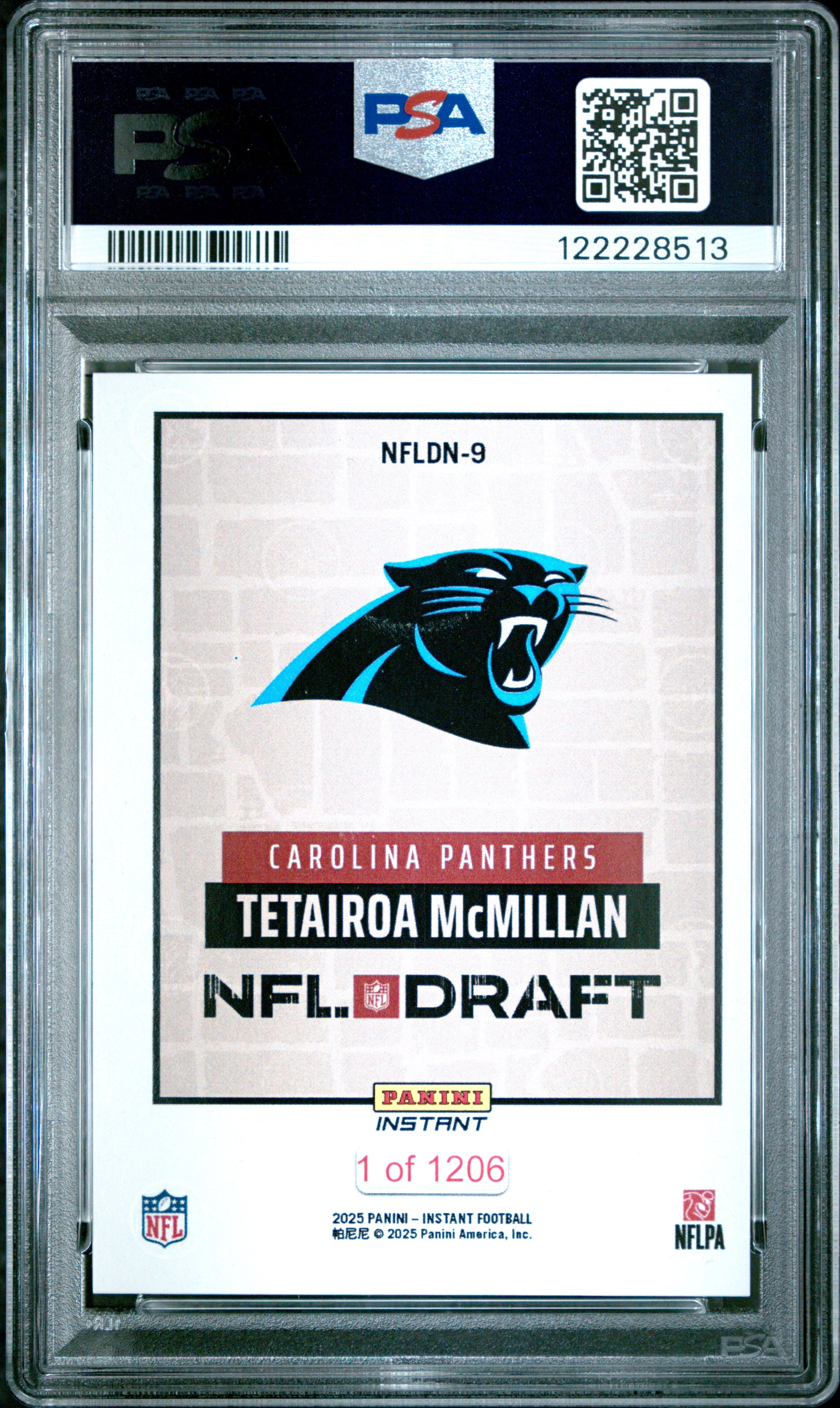 Graded 2025 Panini Instant Tetairoa McMillan #NFLDN9 NFL Draft Night Rookie RC Football Card PSA 9 Mint
