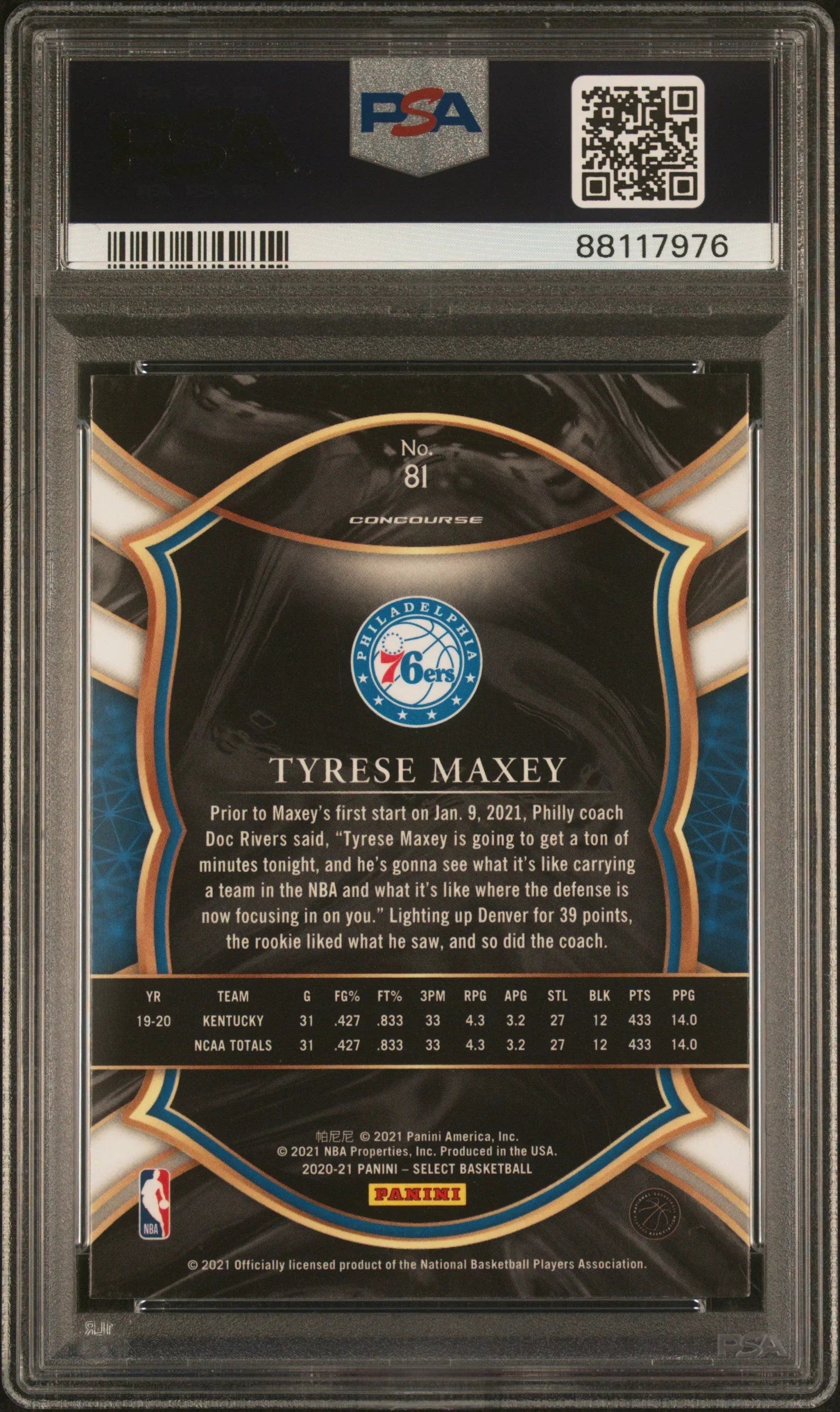 Graded 2020 Panini Select Tyrese Maxey #81 Blue Retail Rookie RC Basketball Card PSA 10 Gem Mint