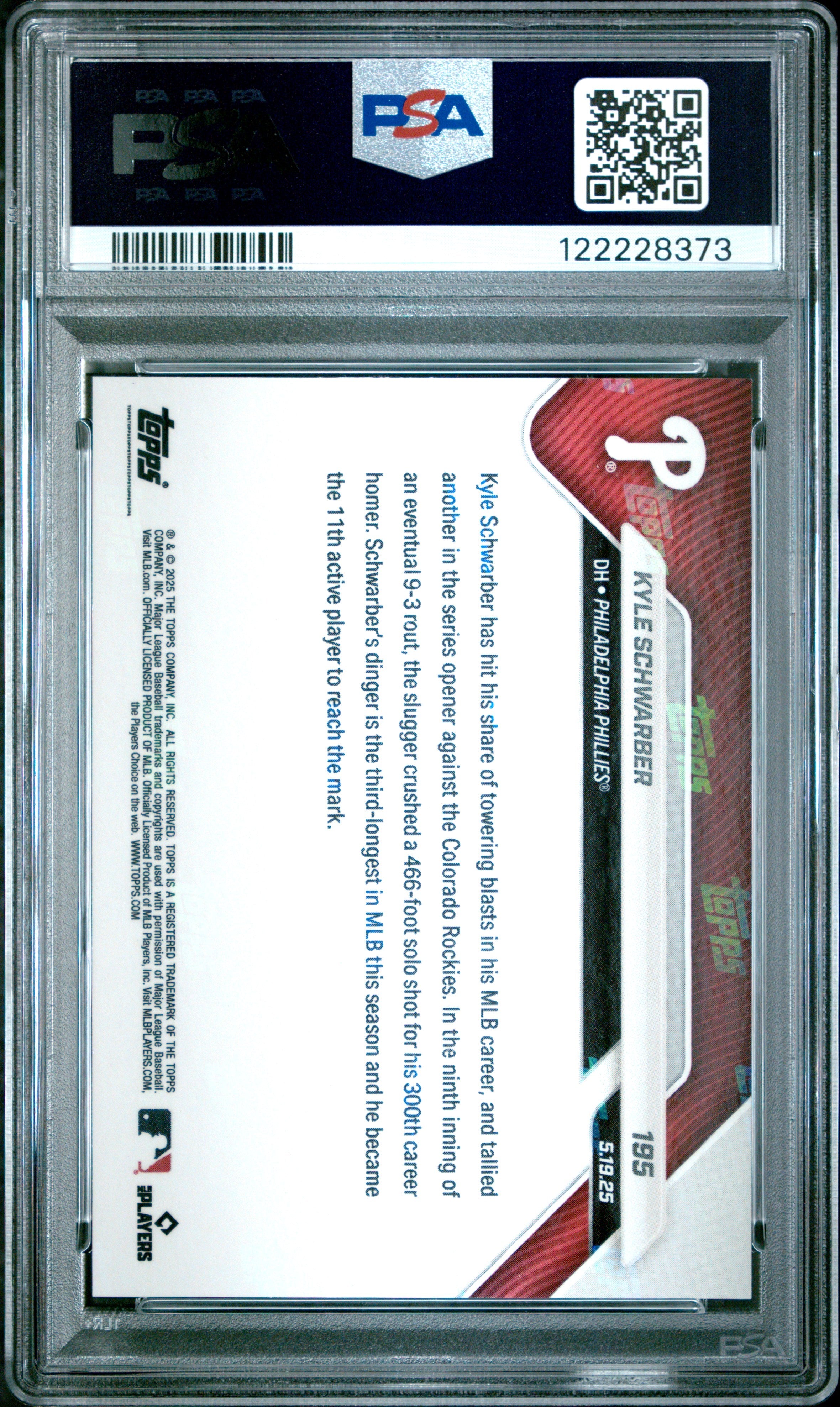 Graded 2025 Topps Now Kyle Schwarber #195 Red Foil /5 Baseball Card PSA 9 Mint