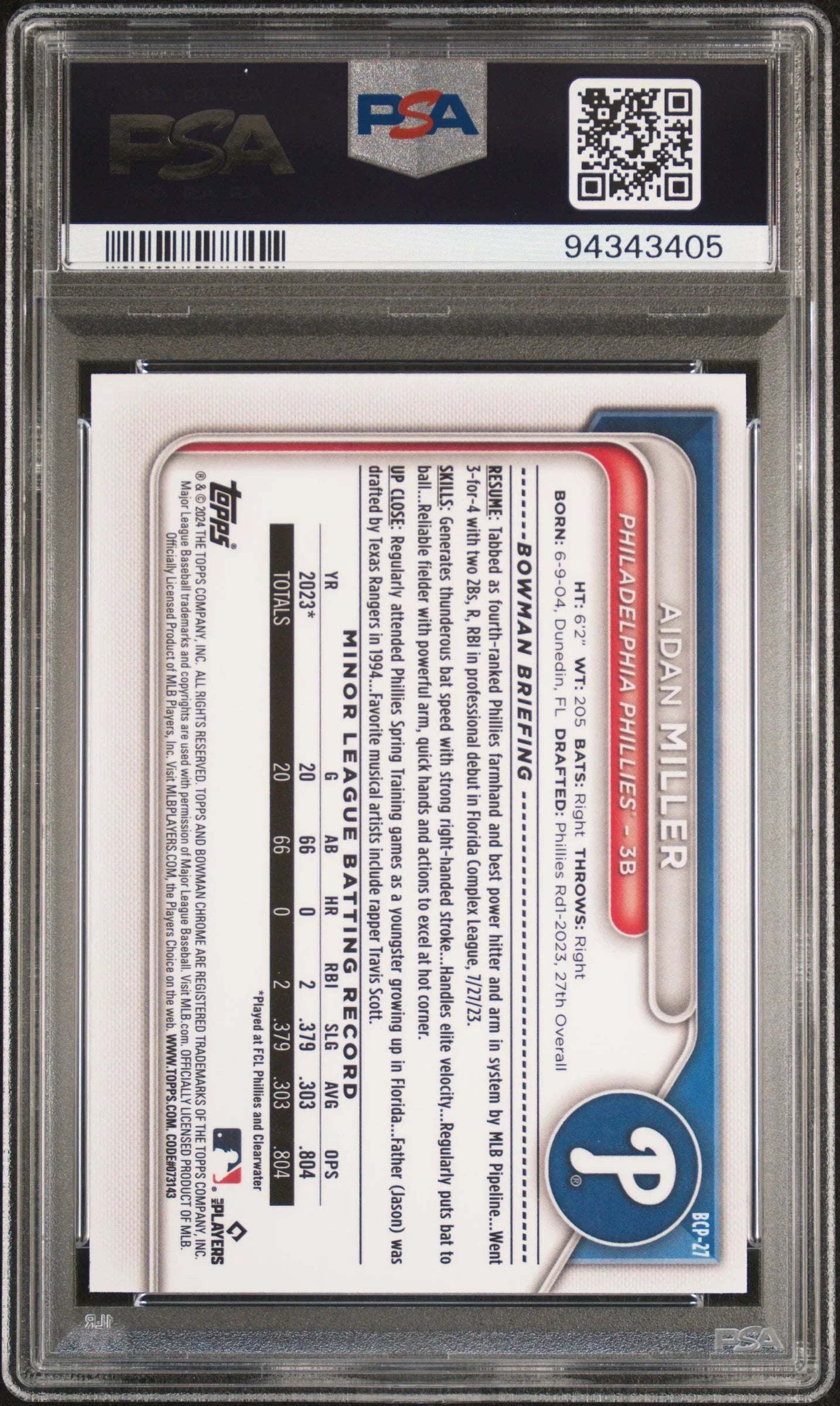Graded 2024 Topps Bowman Aidan Miller #BCP27 Chrome Prospects Lunar Glow Refractor Rookie RC Baseball Card PSA 10 Gem Mint