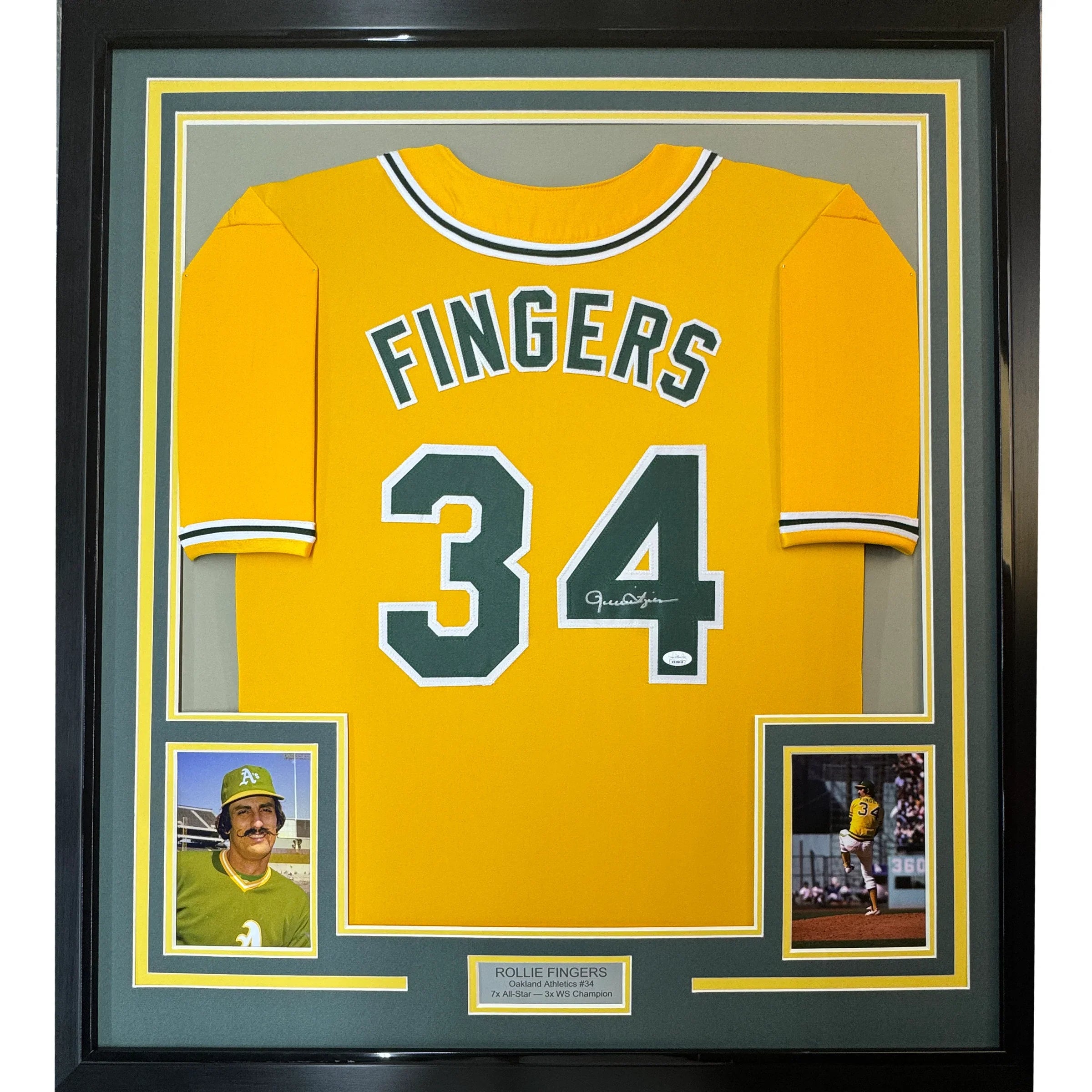 Framed Autographed/Signed Rollie Fingers 35x39 Oakland Yellow Baseball Jersey JSA COA