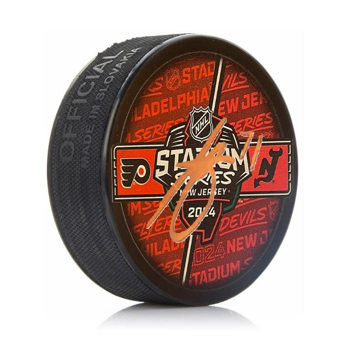 Tyson Foerster Autographed Philadelphia Flyers 2024 Stadium Series Hockey Logo Puck