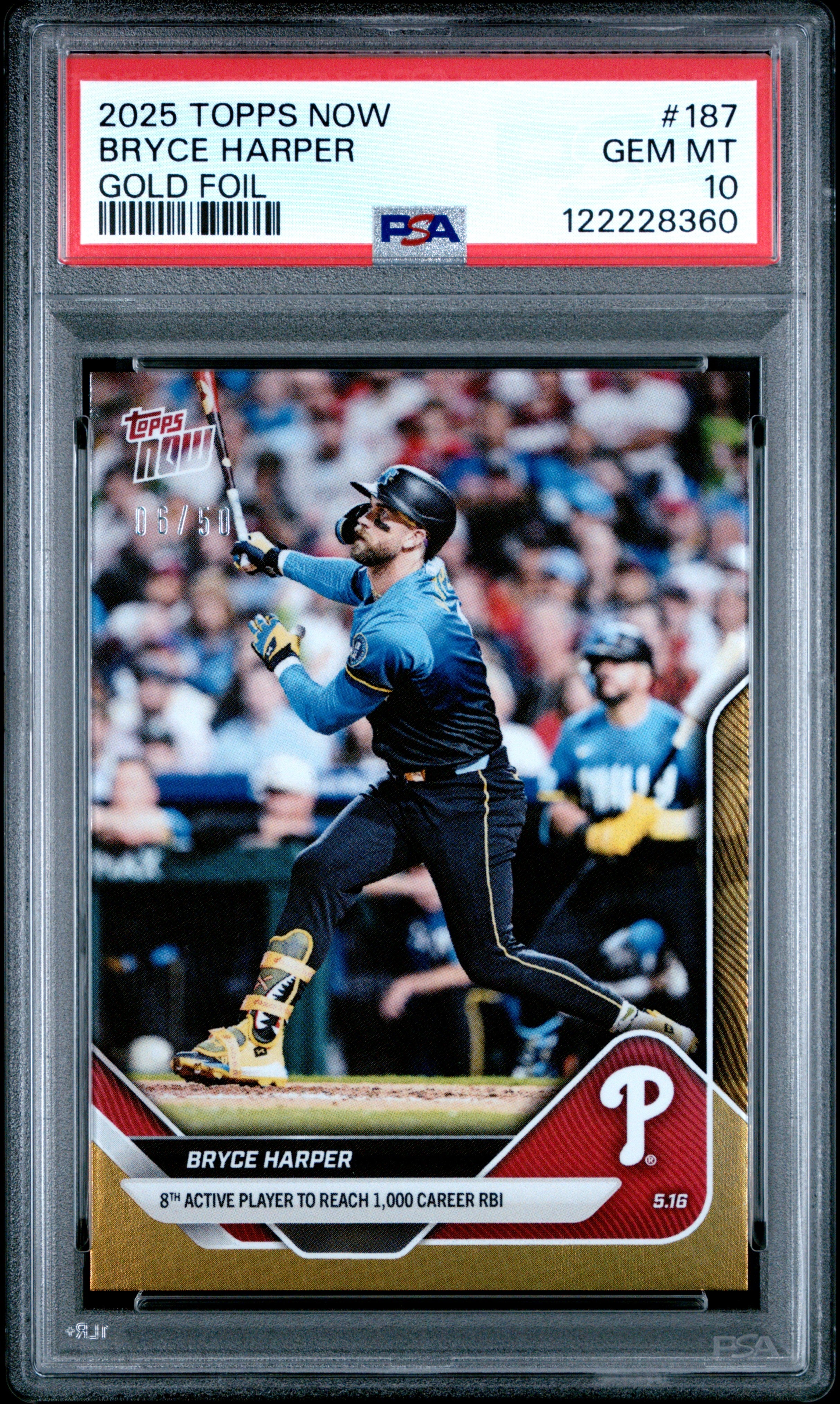 Graded 2025 Topps Now Bryce Harper #187 Gold Foil /50 Baseball Card PSA 10 Gem Mint