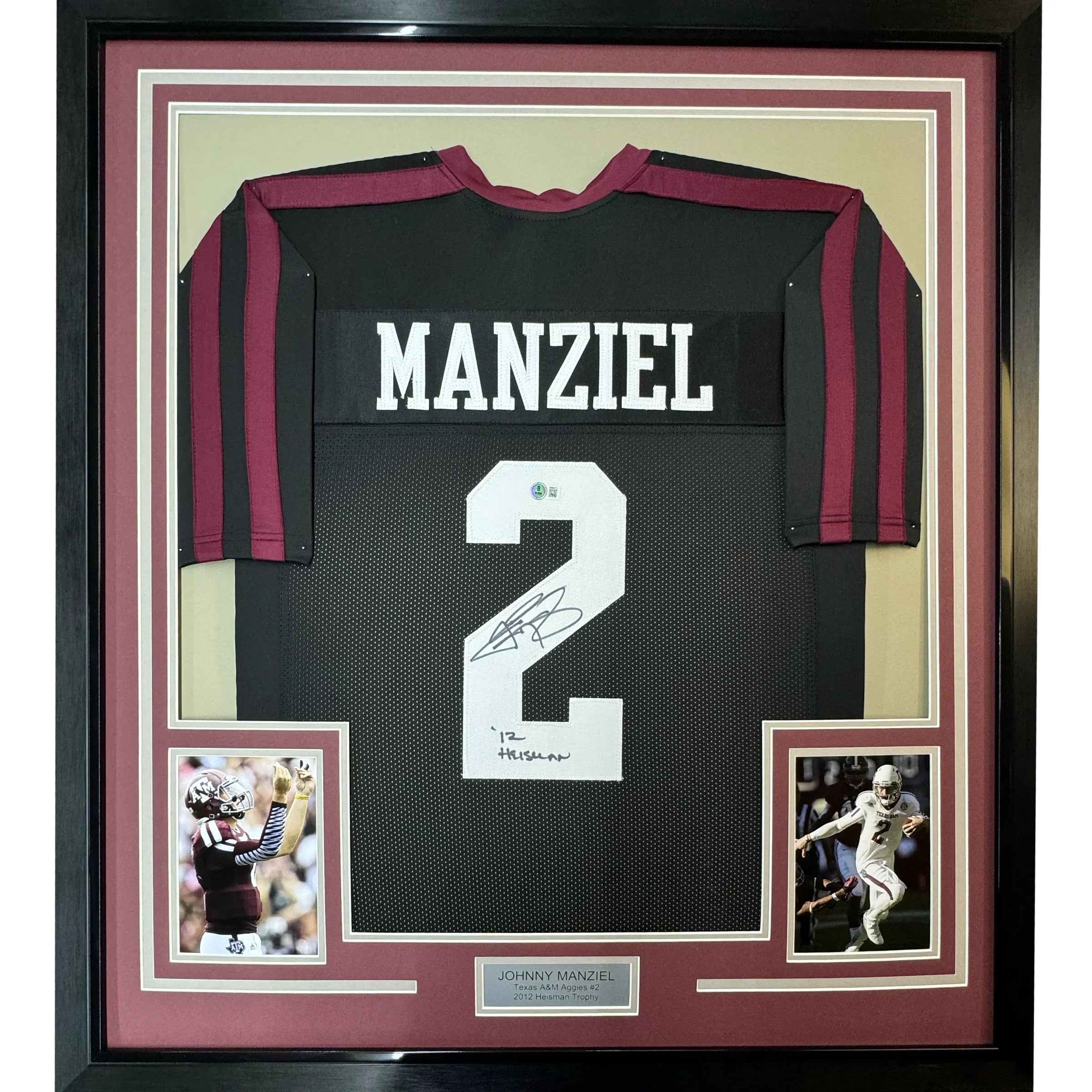 Framed Autographed/Signed Johnny Manziel 12 Heisman 35x39 Texas A&M Black College Football Jersey JSA COA