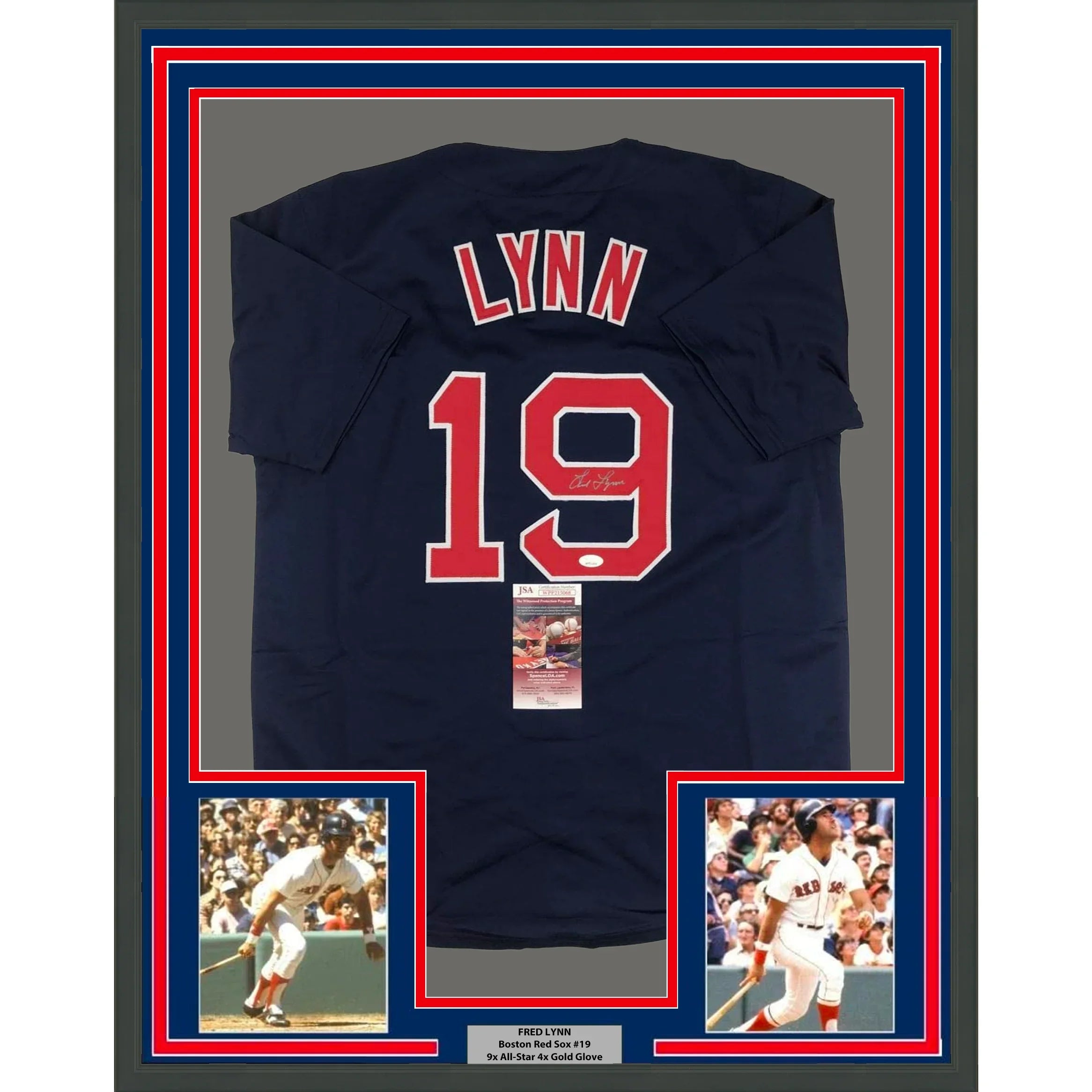 Framed Autographed/Signed Fred Lynn 35x39 Boston Blue Baseball Jersey JSA COA