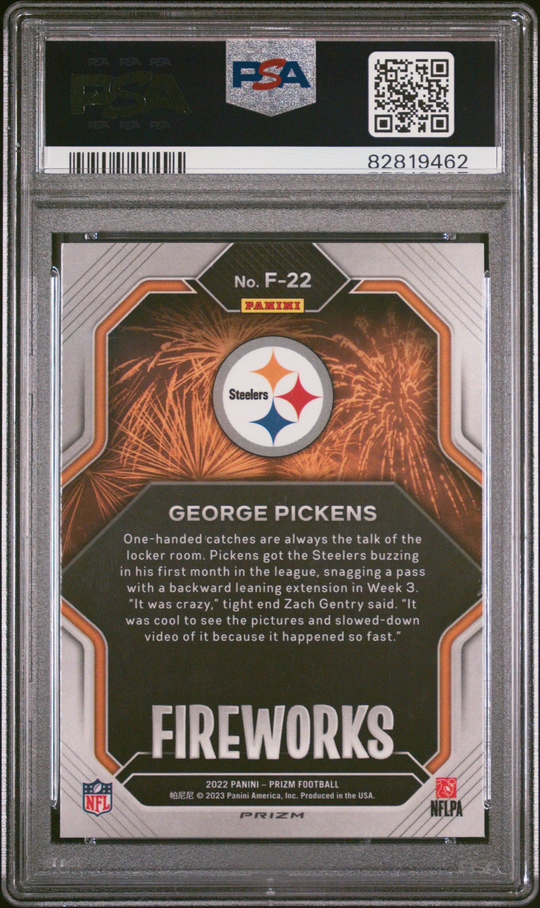Graded 2022 Panini Prizm George Pickens #F22 Fireworks No Huddle Rookie RC Football Card PSA 10 Gem Mint
