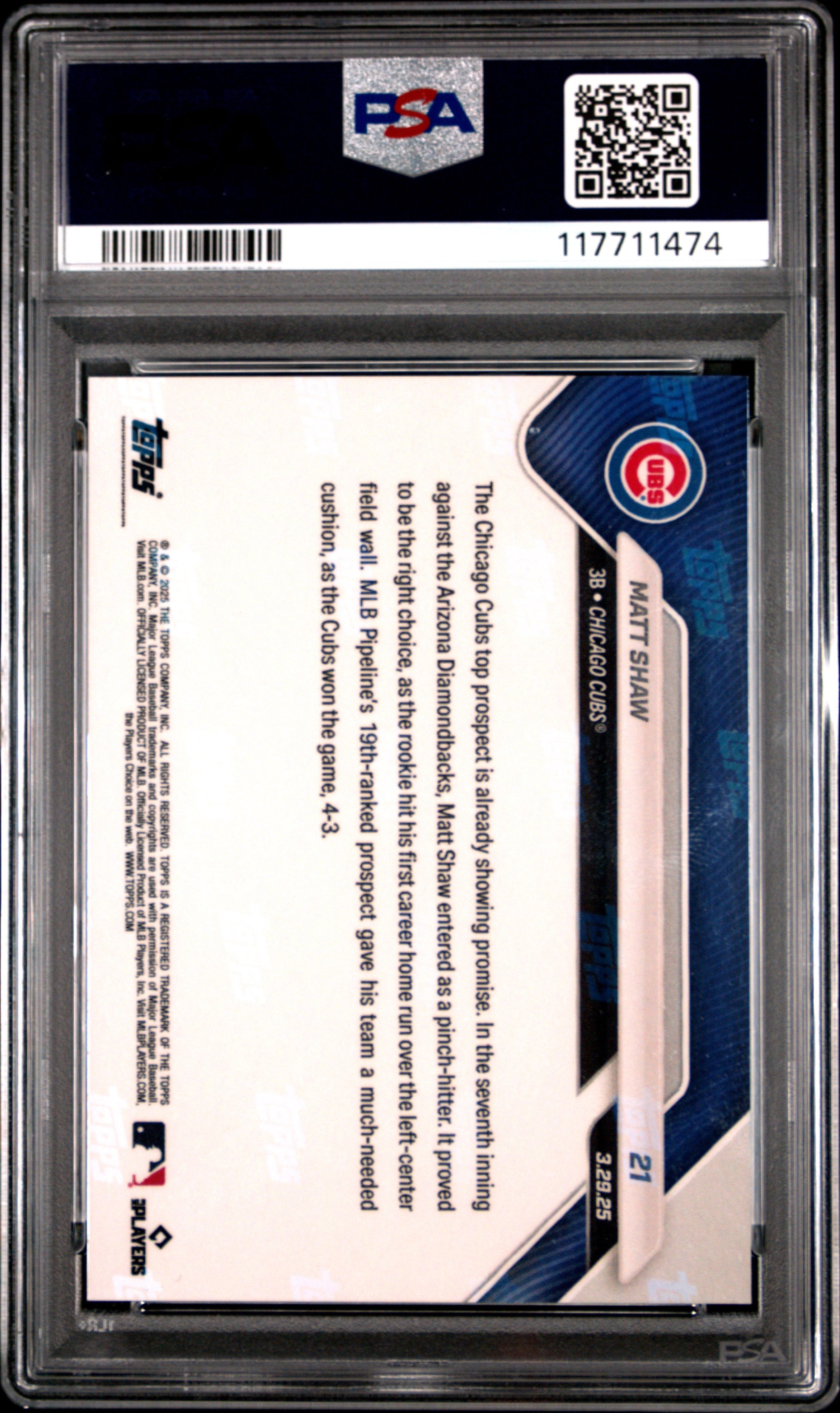 Graded 2025 Topps Now Matt Shaw #21 Black Foil /10 Rookie RC Baseball Card PSA 10 Gem Mint