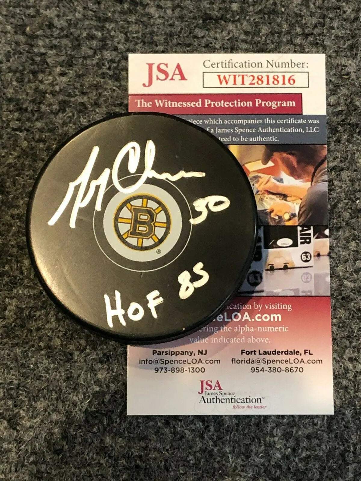 GERRY CHEEVERS AUTOGRAPHED SIGNED INSCRIBED BOSTON BRUINS LOGO PUCK JSA COA