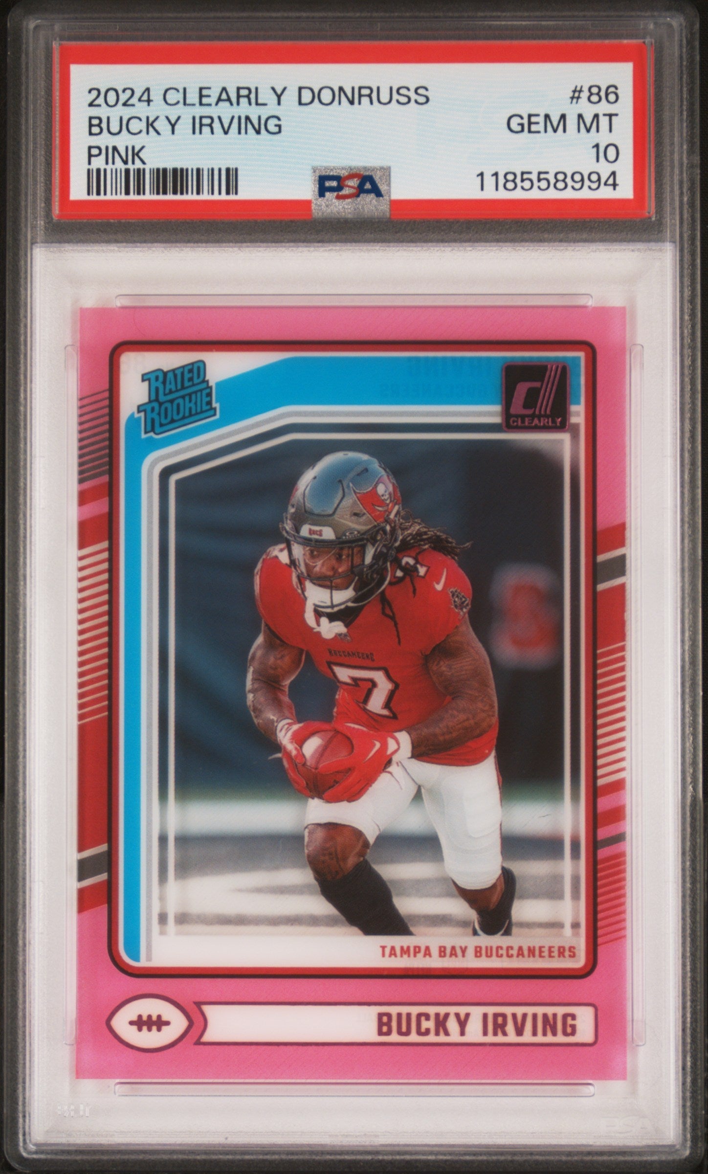 Graded 2024 Panini Clearly Donruss Bucky Irving #86 Pink Rookie RC Football Card PSA 10 Gem Mint