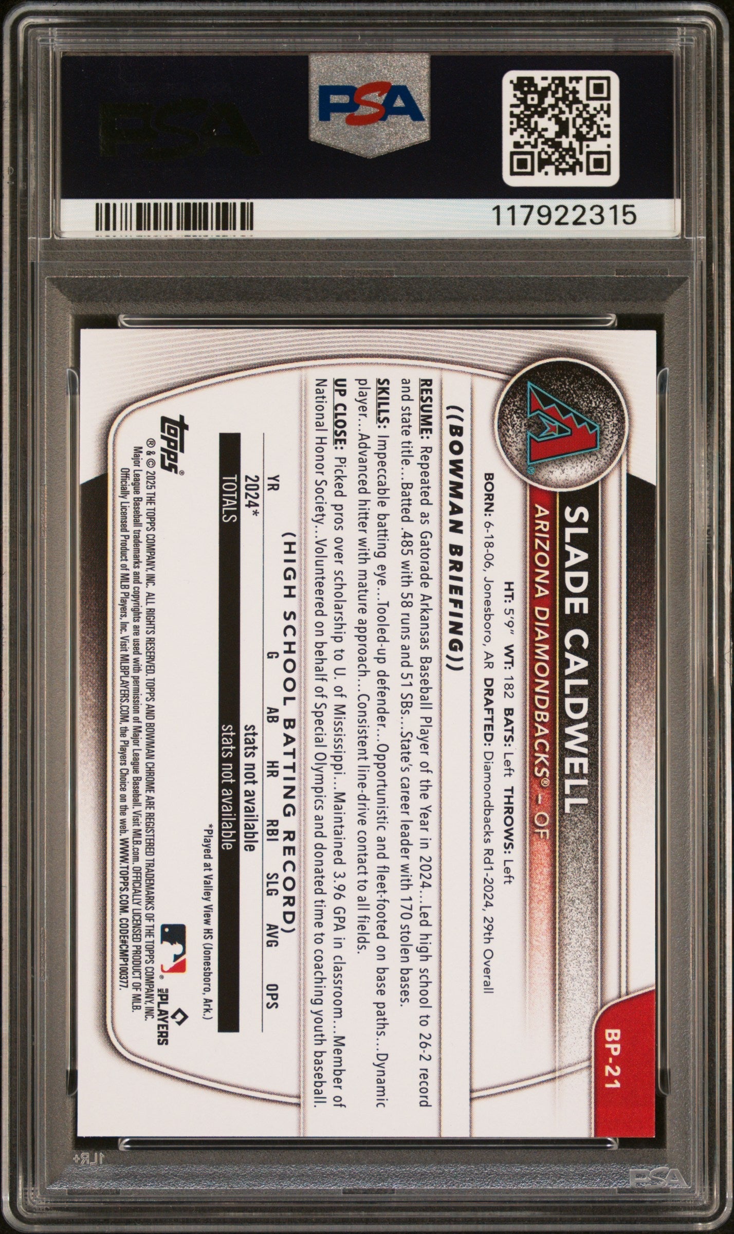 Graded 2025 Topps Bowman Slade Caldwell #BP21 Paper Prospects Rookie RC Baseball Card PSA 10 Gem Mint