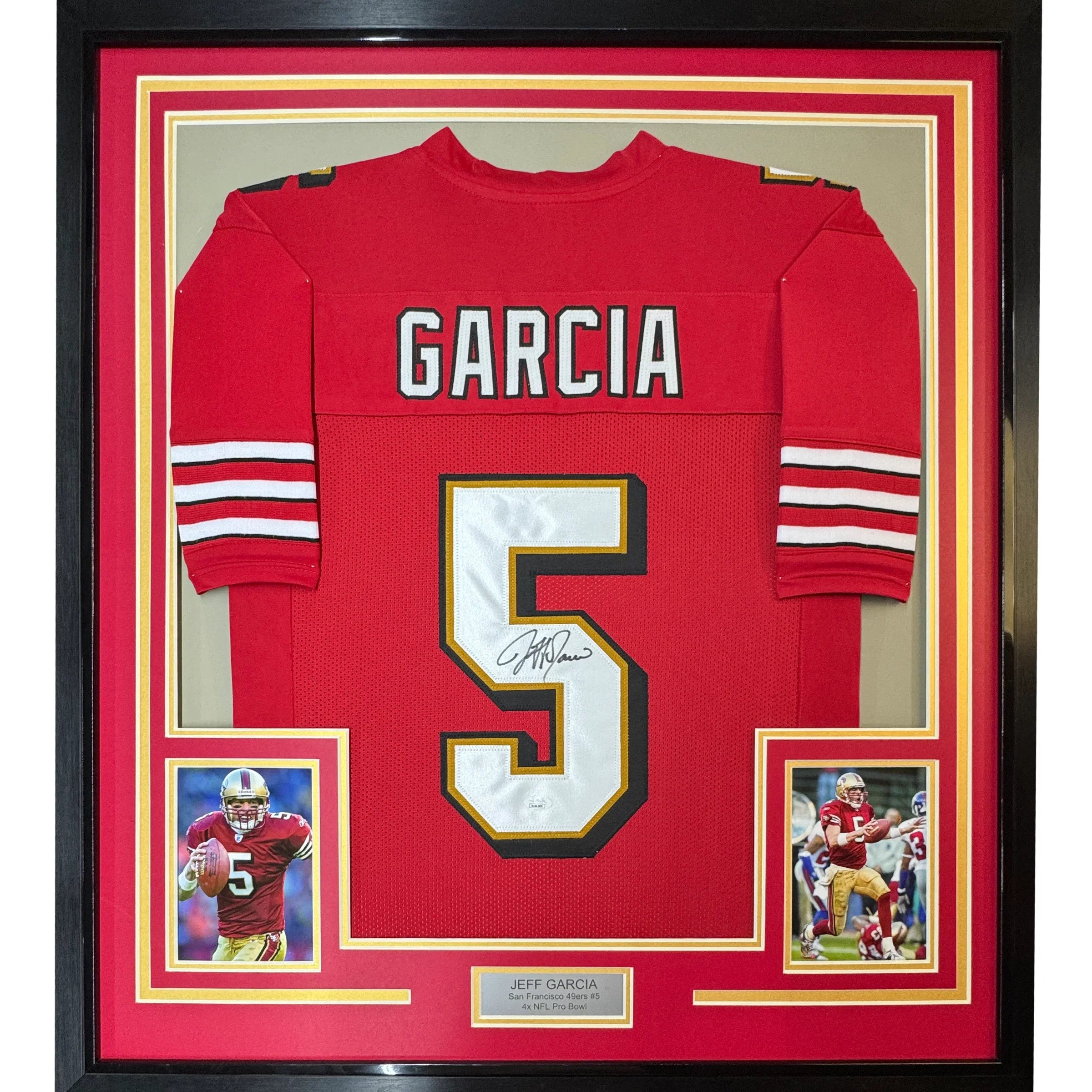 Framed Autographed/Signed Jeff Garcia 35x39 San Francisco Red Football Jersey Beckett BAS COA