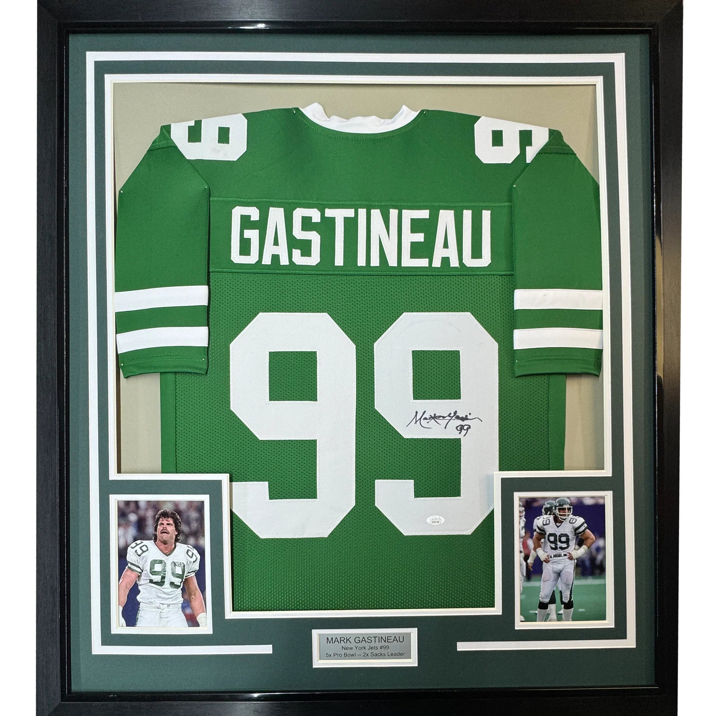 Framed Autographed/Signed Mark Gastineau 35x39 New York Green Football Jersey JSA COA
