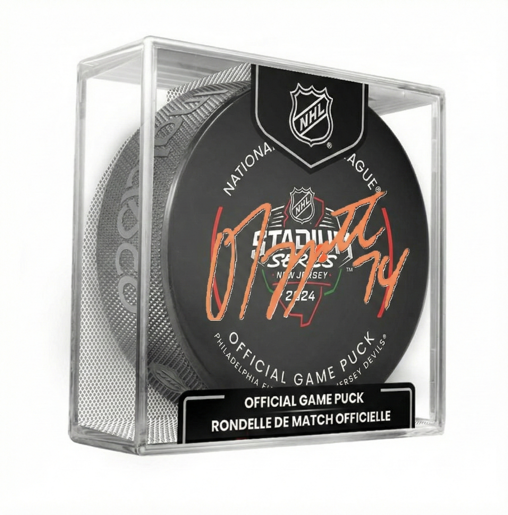 Owen Tippett Autographed Philadelphia Flyers 2024 Stadium Series Hockey Game Model Puck - Orange Sig
