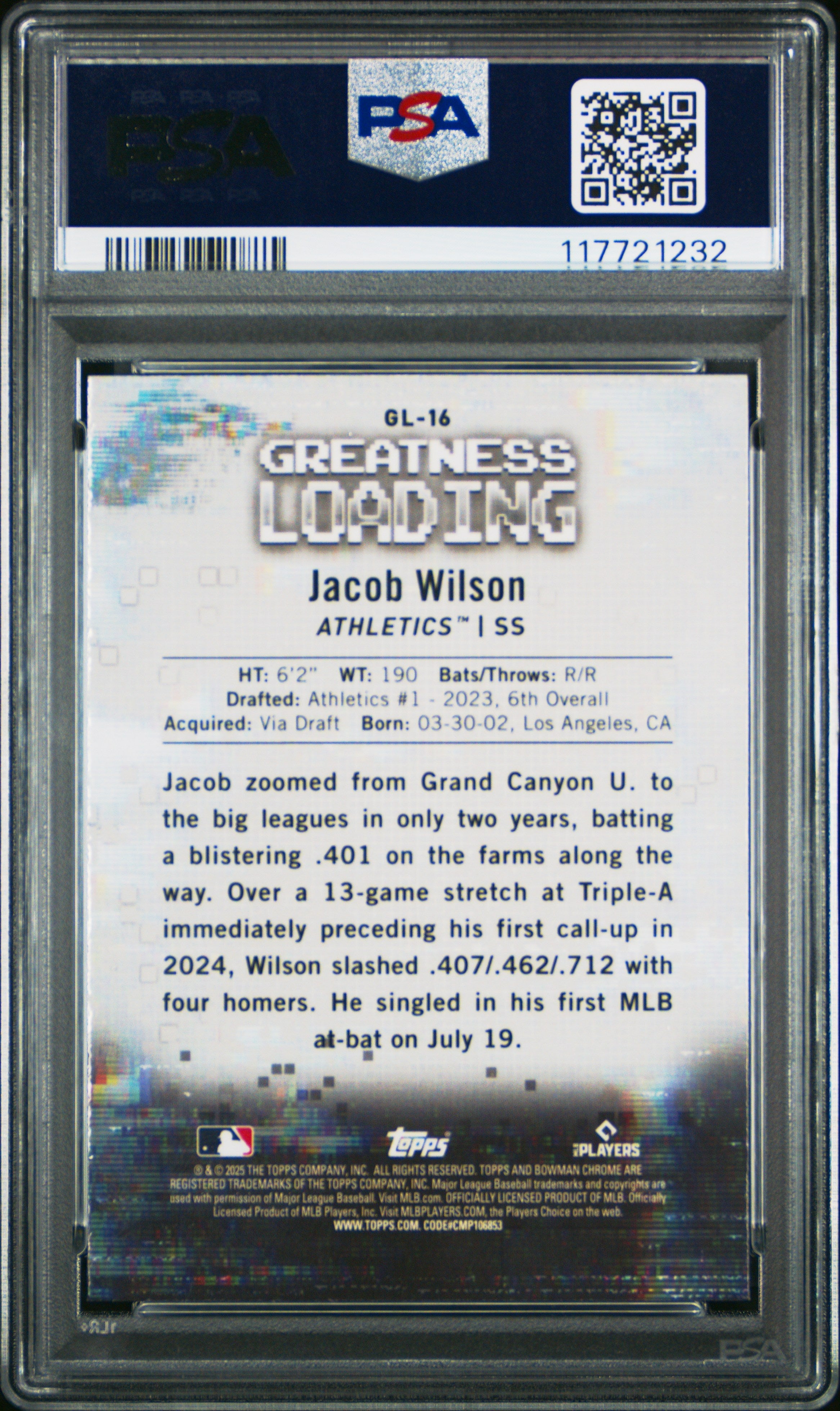 Graded 2025 Topps Bowman Jacob Wilson #GL16 Greatness Loading Rookie RC Baseball Card PSA 10 Gem Mint