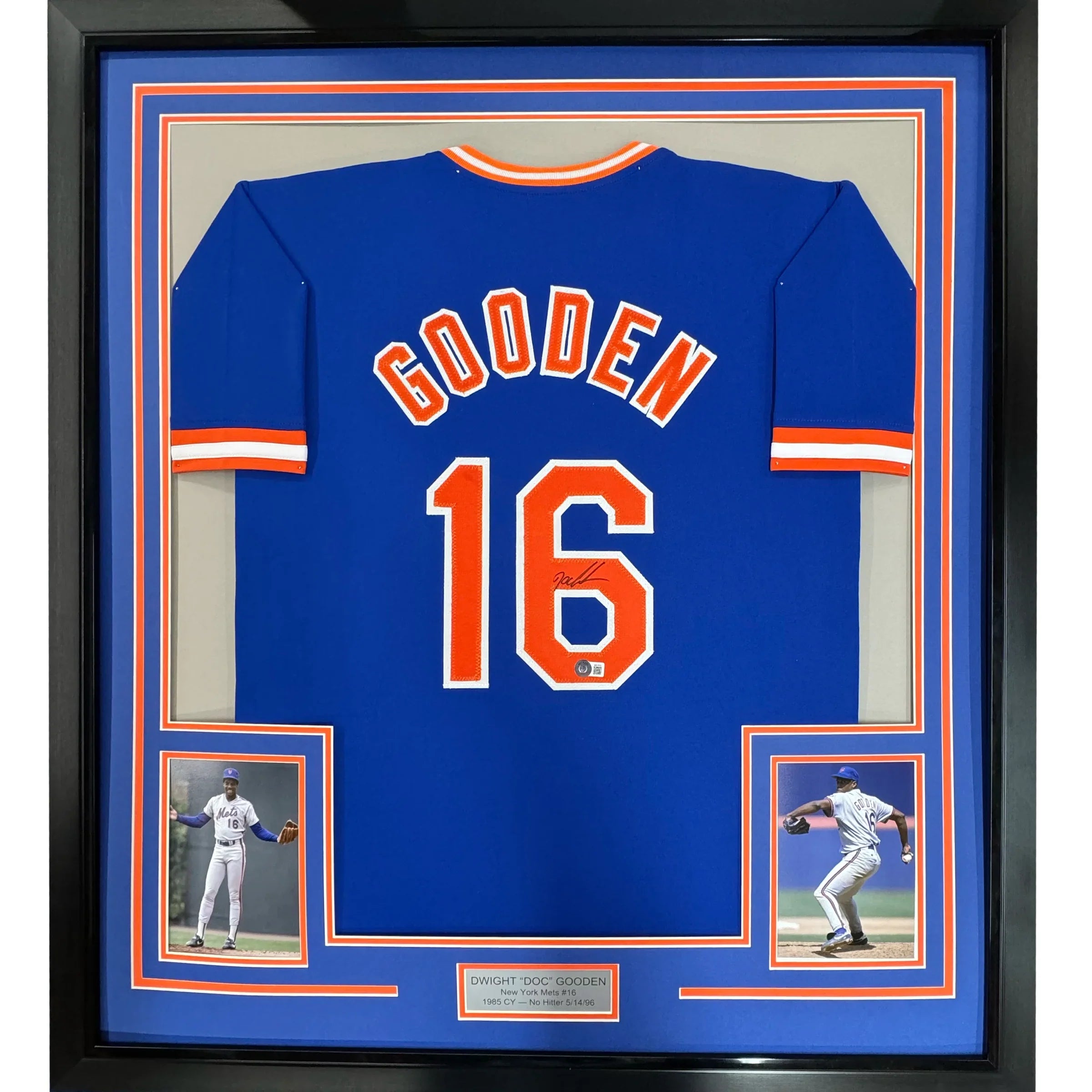 Framed Autographed/Signed Dwight Doc Gooden 35x39 New York Blue Baseball Jersey JSA COA