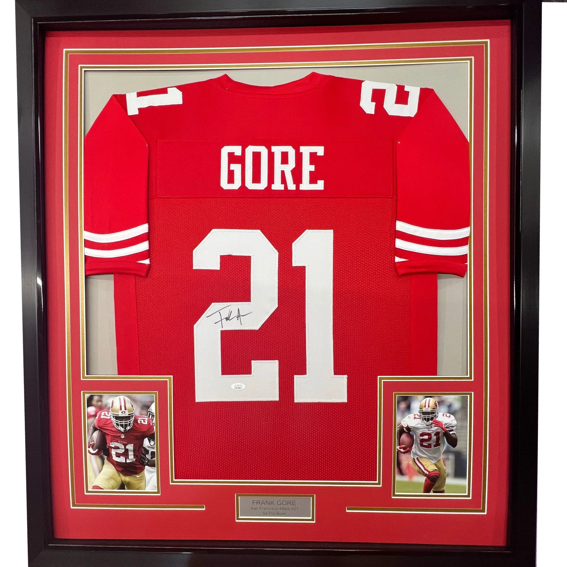Framed Autographed/Signed Frank Gore 35x39 San Francisco Red Football Jersey JSA COA