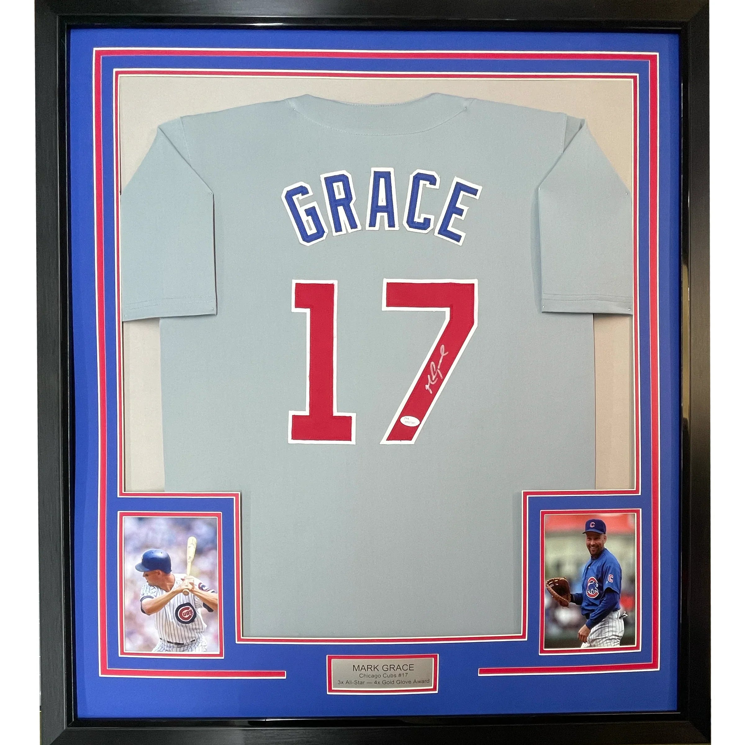 Framed Autographed/Signed Mark Grace 35x39 Chicago Grey Baseball Jersey JSA COA