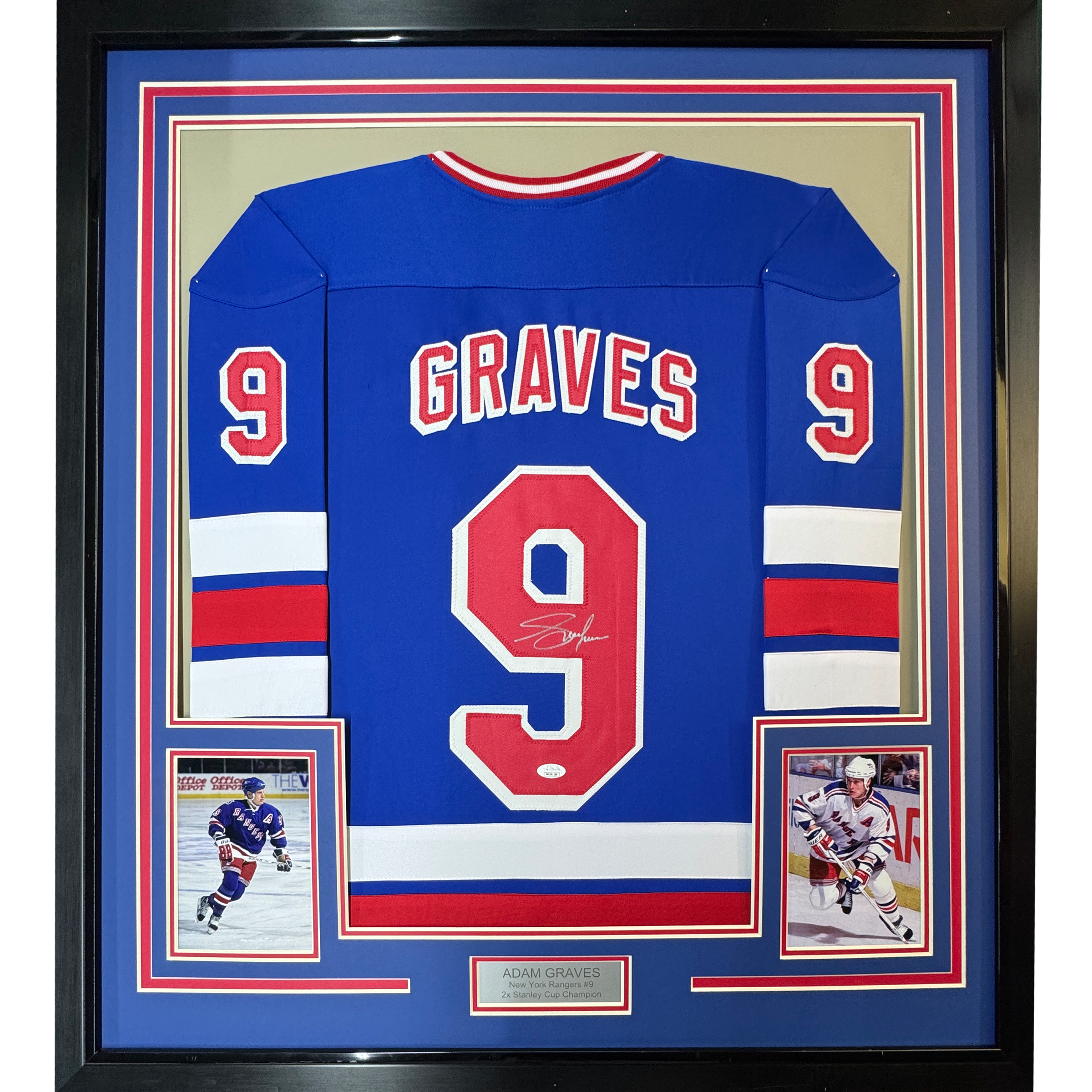 Framed Autographed/Signed Adam Graves 35x39 New York Blue Hockey Jersey Beckett BAS COA