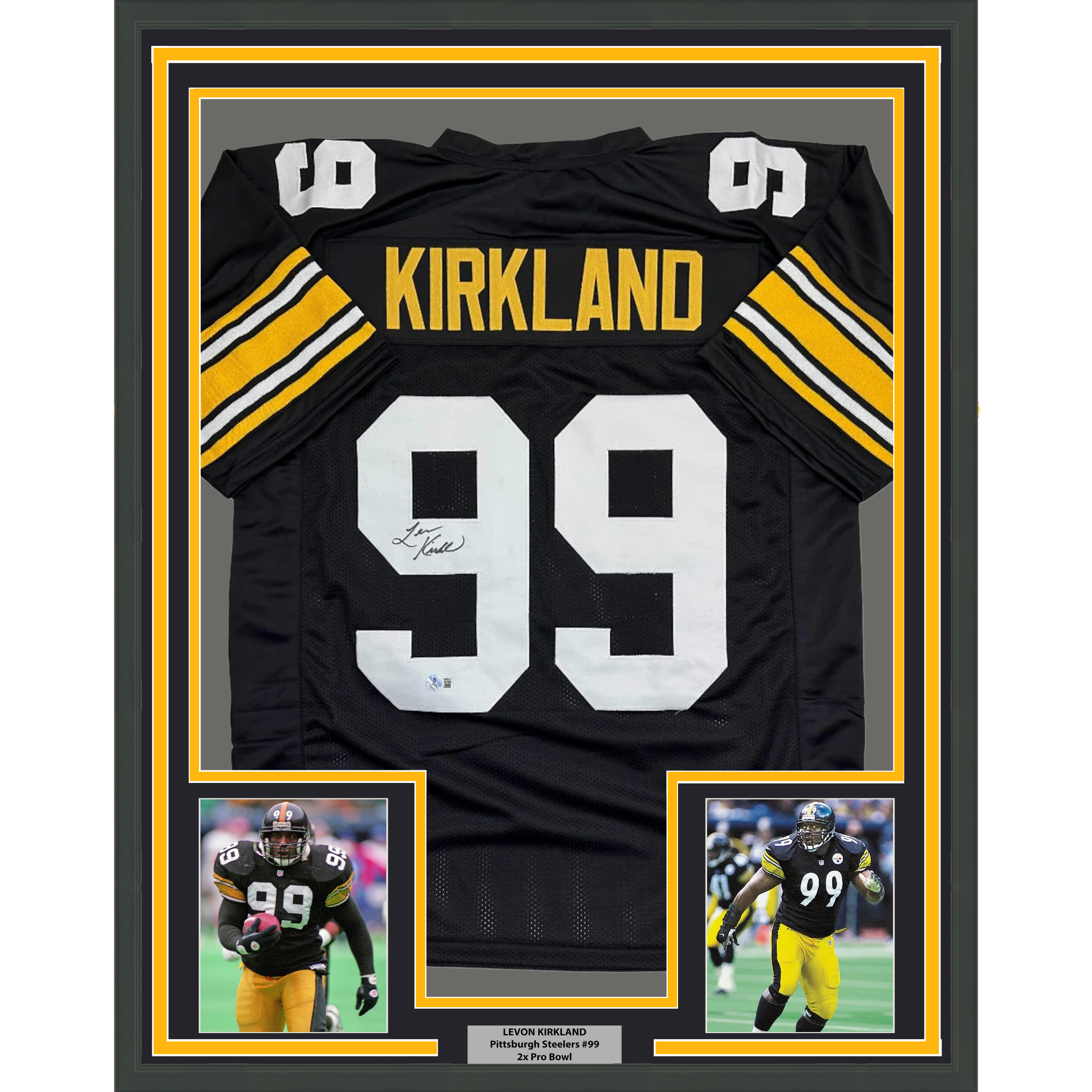 Framed Autographed/Signed Levon Kirkland 35x39 Pittsburgh Black Football Jersey Beckett BAS COA