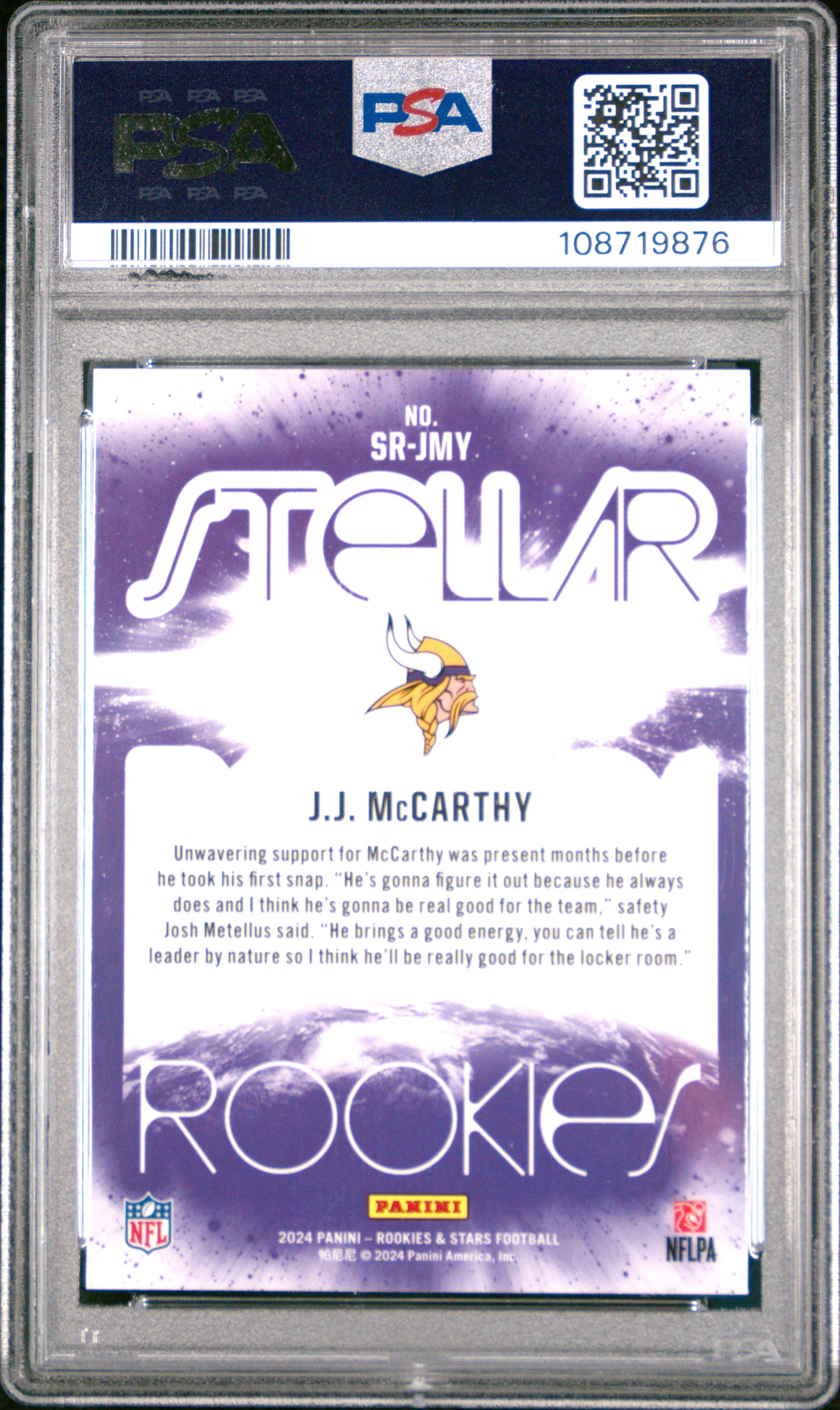 Graded 2024 Panini Rookies & Stars JJ McCarthy #SRJMY Stellar Rookies Red Plaid Rookie RC Football Card PSA 10 Gem Mint