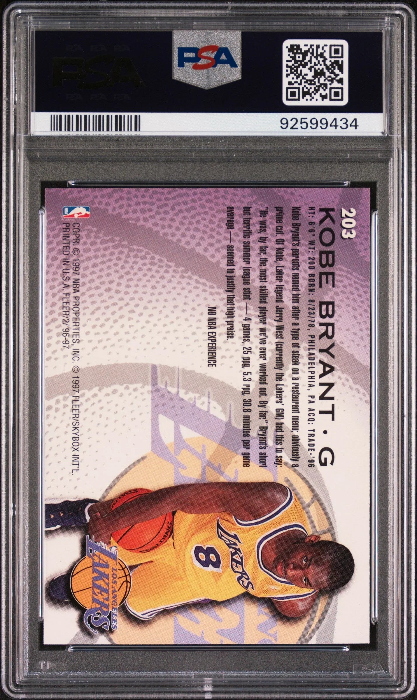 Graded 1996 Fleer Kobe Bryant #203 Rookie RC Basketball Card PSA 9 Mint
