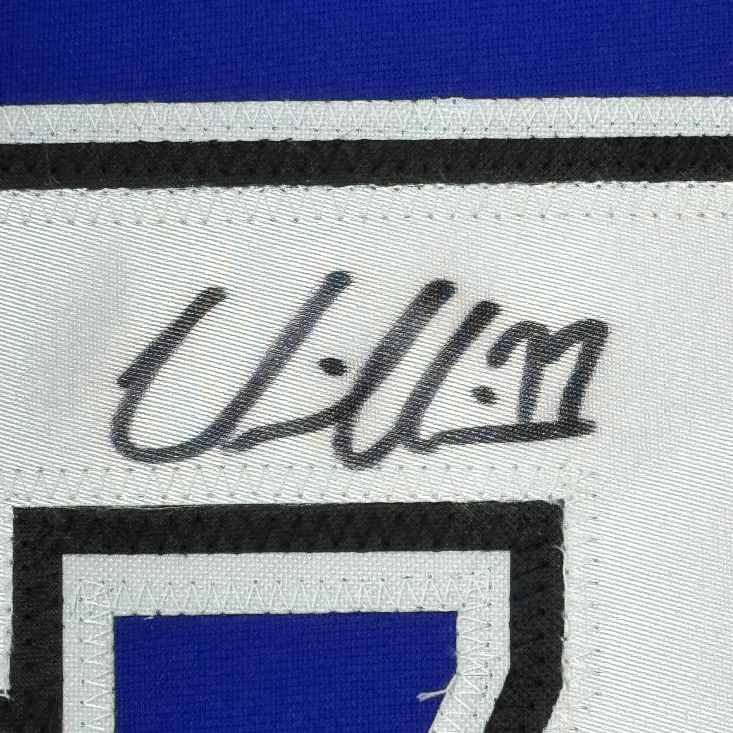 Framed Autographed/Signed Victor Hedman 35x39 Tampa Bay Blue Hockey Jersey JSA COA