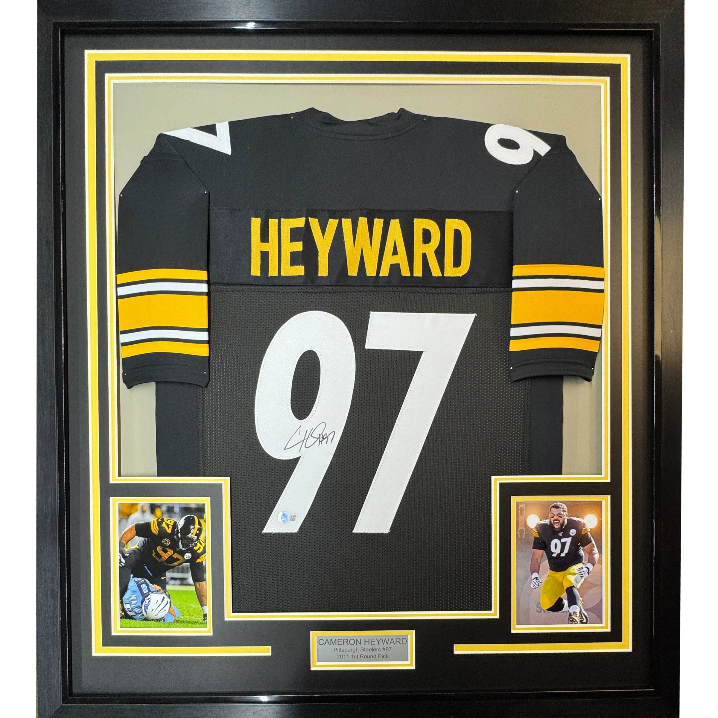 Framed Autographed/Signed Cameron Cam Heyward 35x39 Pittsburgh Black Football Jersey JSA COA