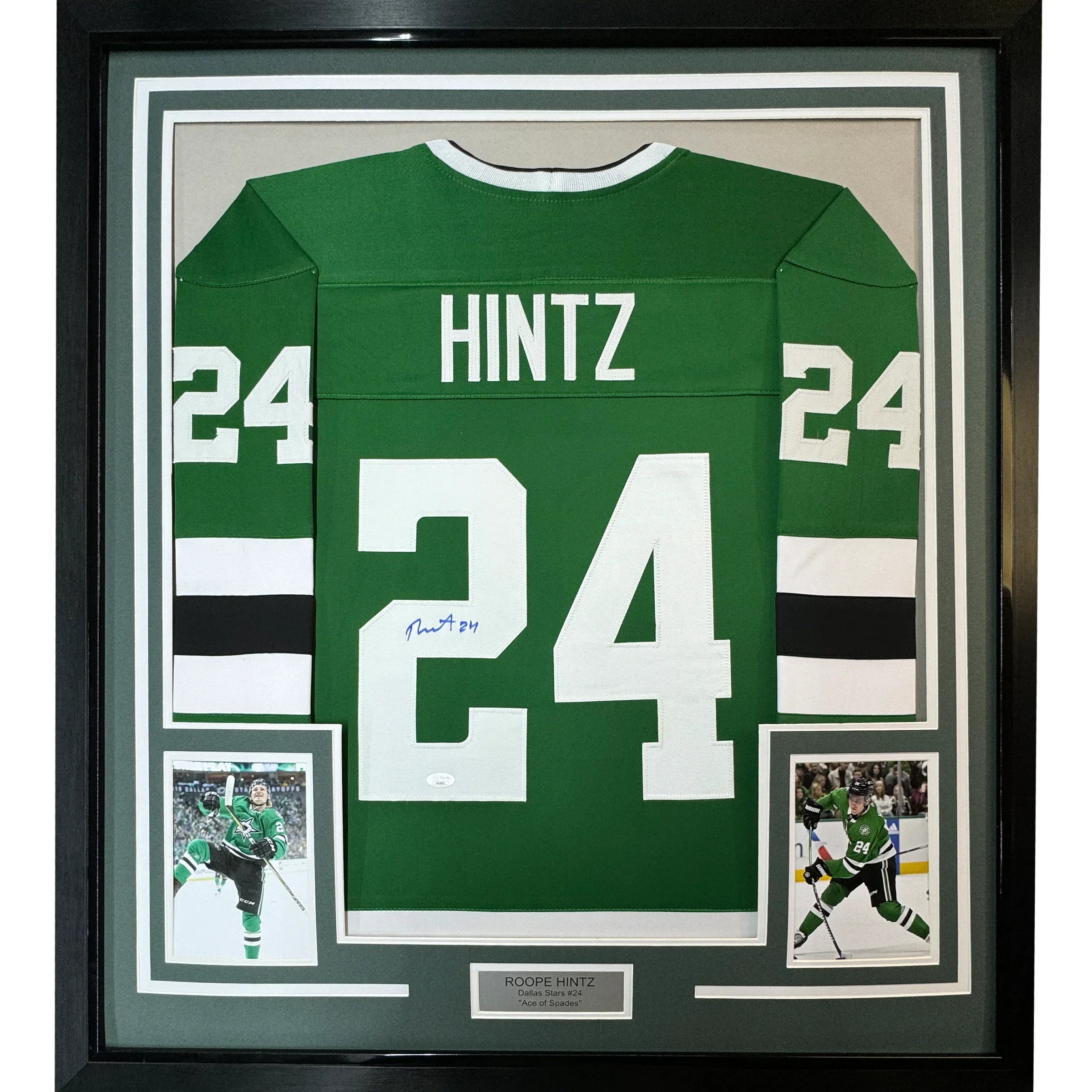 Framed Autographed/Signed Roope Hintz 35x39 Dallas Green Hockey Jersey JSA COA