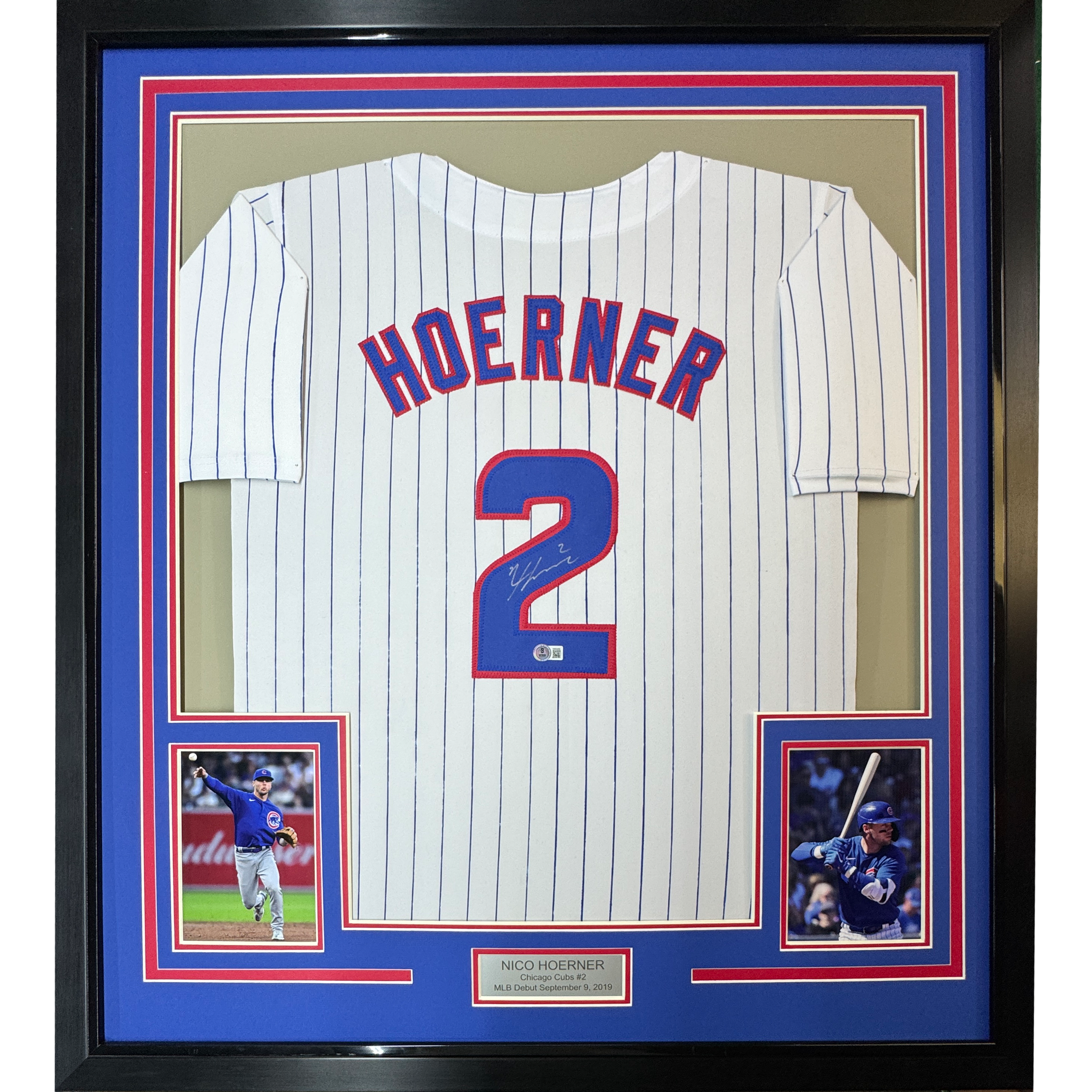 Framed Autographed/Signed Nico Hoerner 35x39 Chicago Pinstripe Baseball Jersey Beckett BAS COA