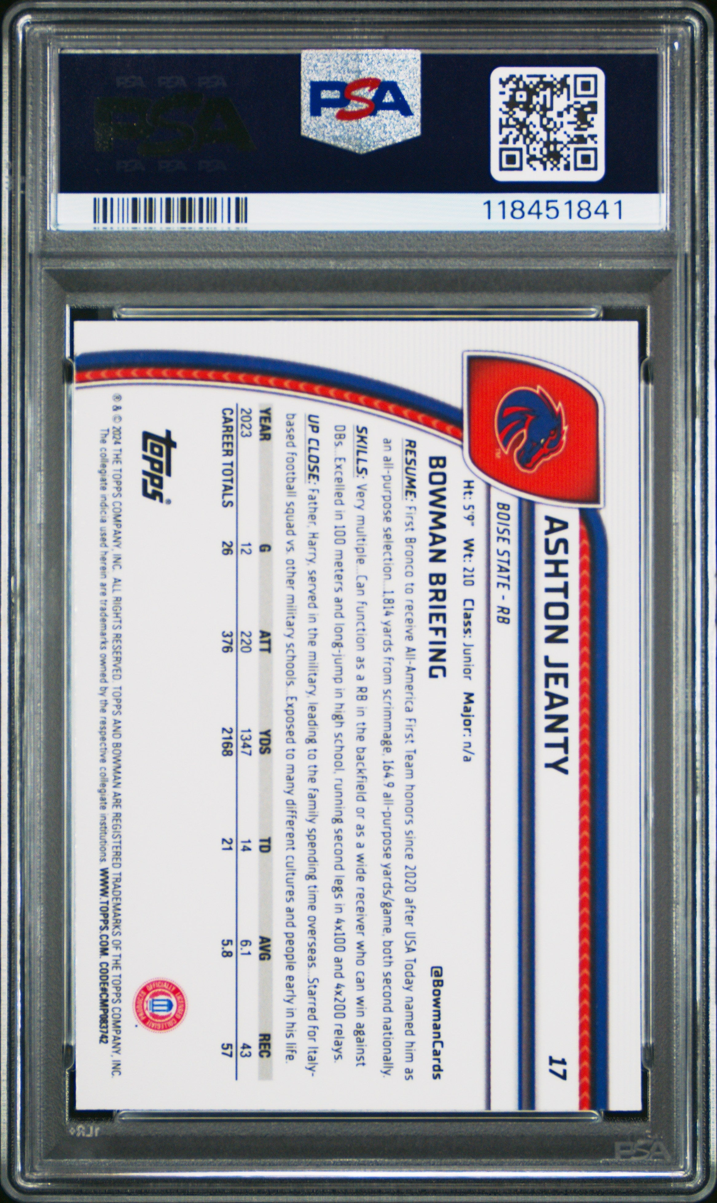 Graded 2024 Topps Bowman U Sapphire Ashton Jeanty #17 Rookie RC Football Card PSA 10 Gem Mint