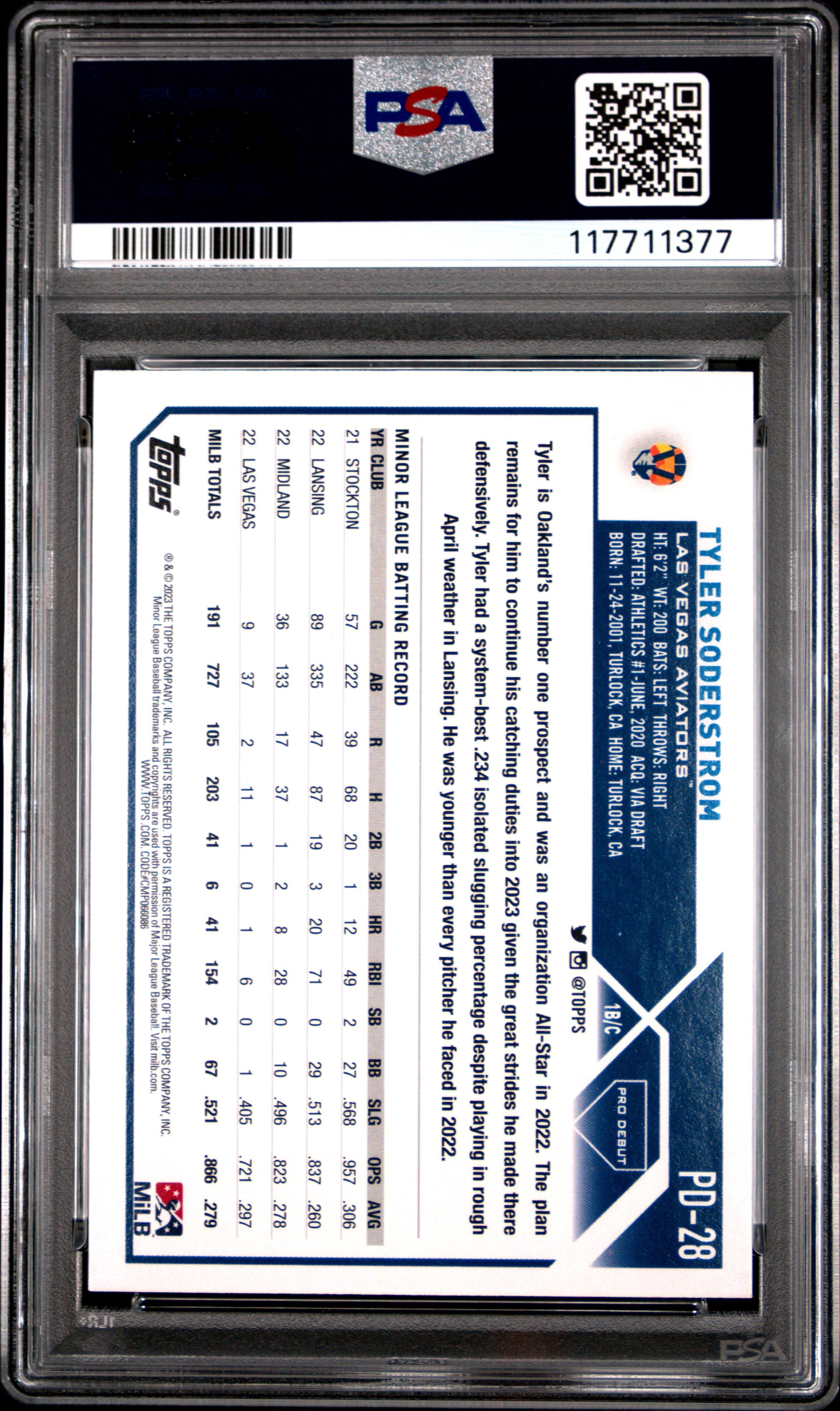 Graded 2023 Topps Pro Debut Tyler Soderstrom #PD28 Rookie RC Baseball Card PSA 10 Gem Mint