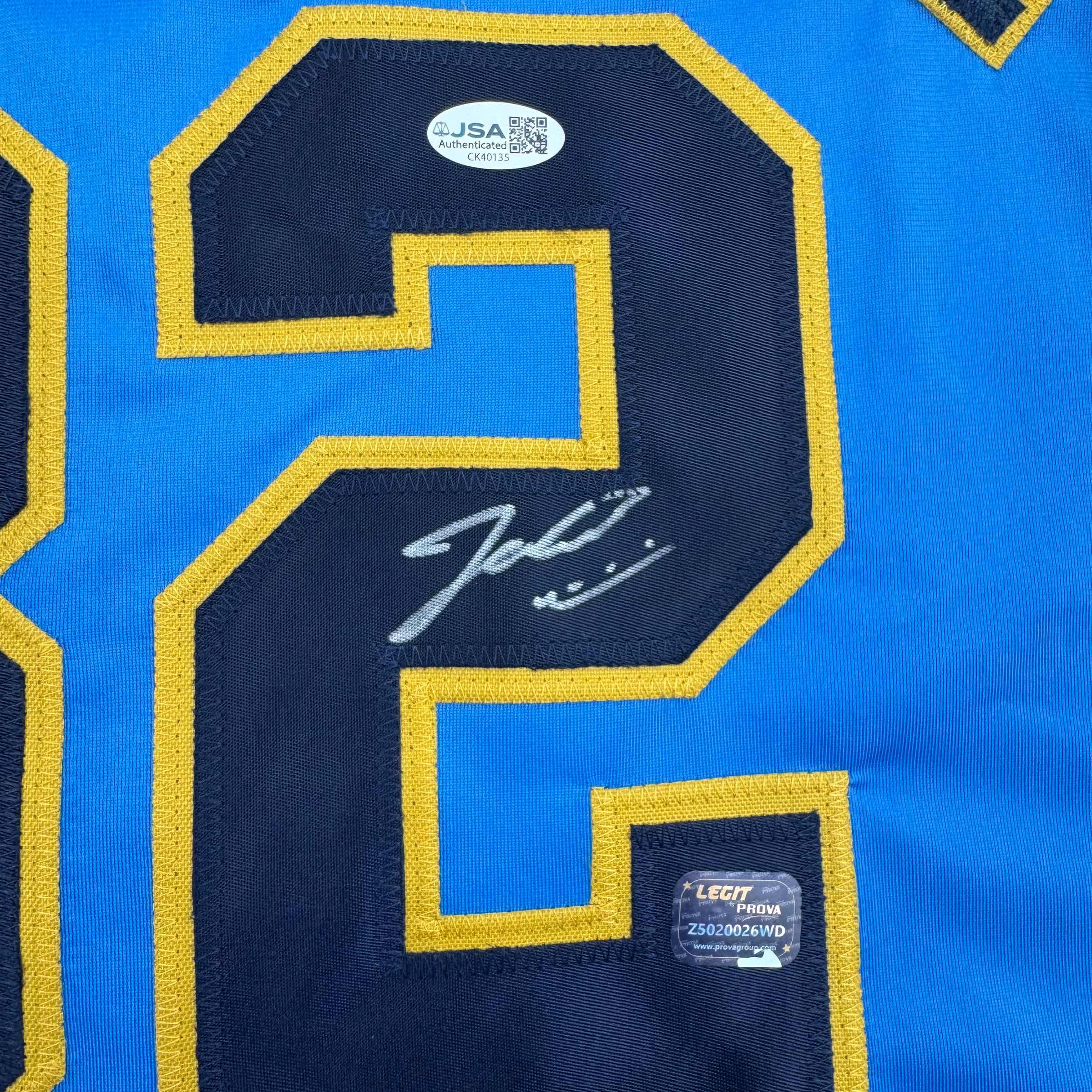 Framed Autographed/Signed Jacob Misiorowski 35x39 Milwaukee Blue Baseball Jersey JSA COA