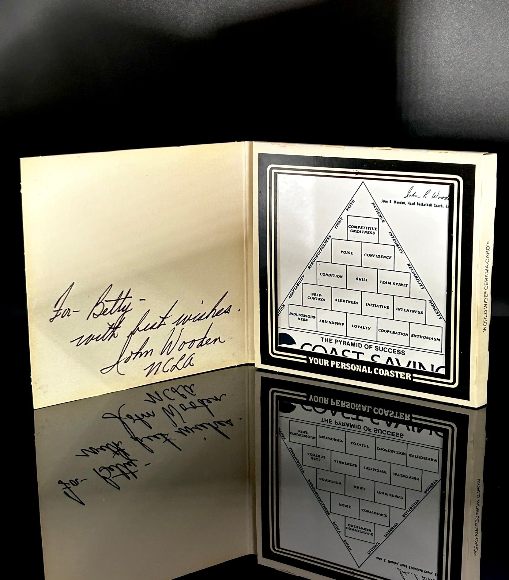 John Wooden Signed Ceramic Tile – Coast Savings "Pyramid of Success" – Authentic Autograph