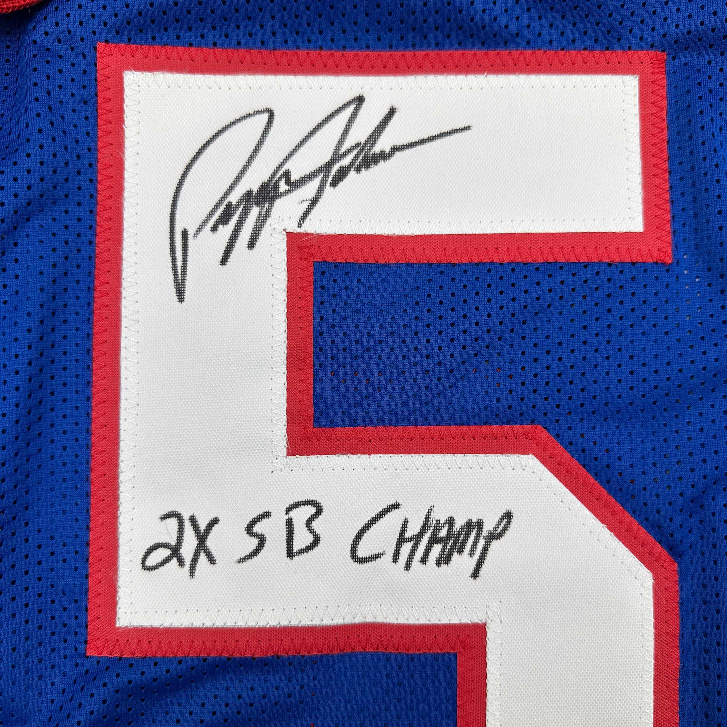 Autographed/Signed Pepper Johnson 2x SB Champ New York Blue Football Jersey Beckett BAS COA