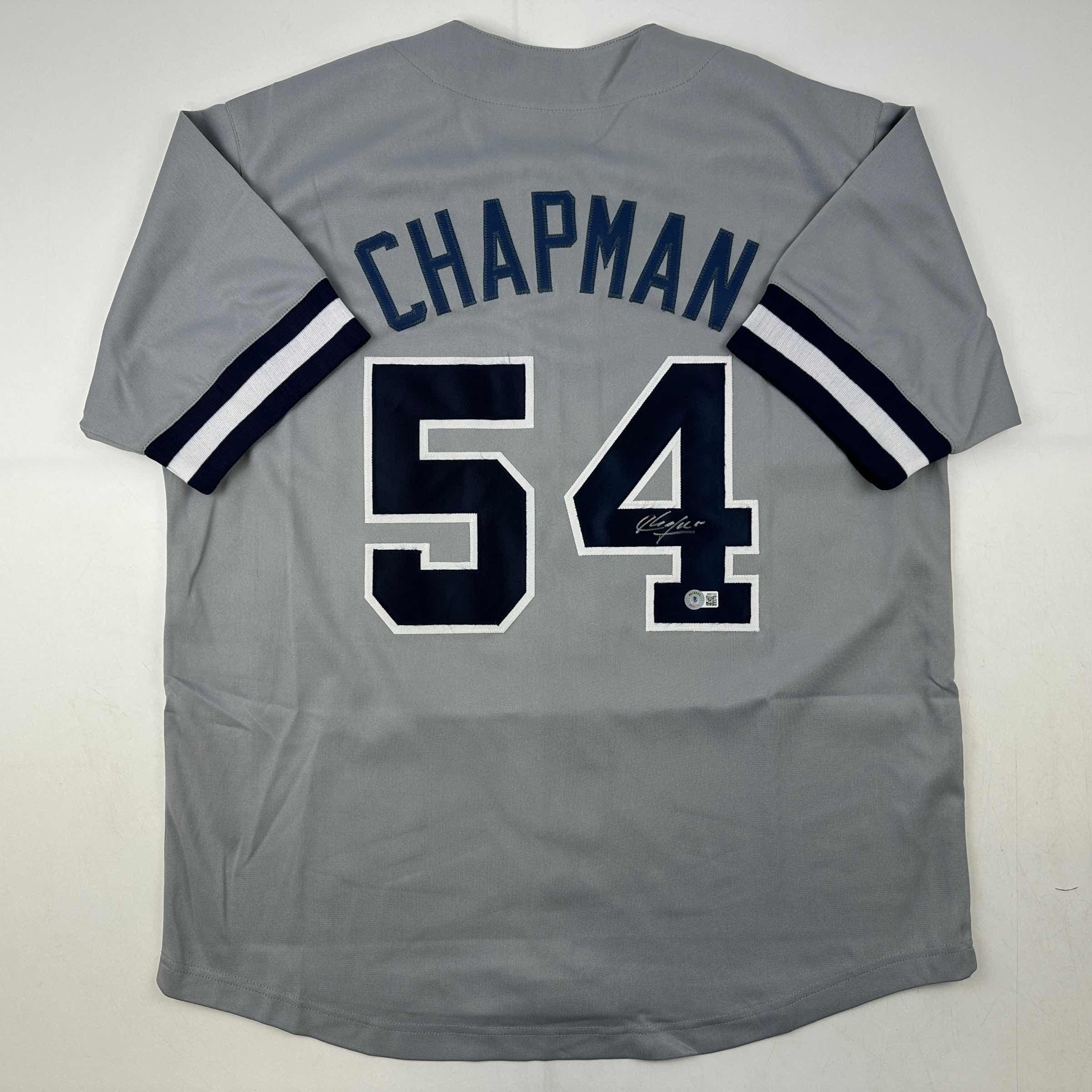 Autographed/Signed Aroldis Chapman New York Grey Baseball Jersey Beckett BAS COA