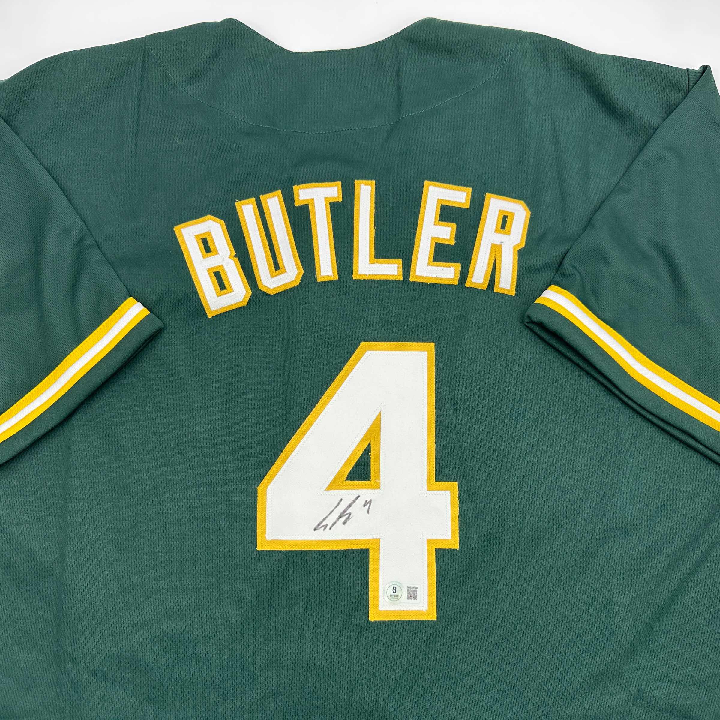 Autographed/Signed Lawrence Butler Oakland Green Baseball Jersey Beckett BAS COA