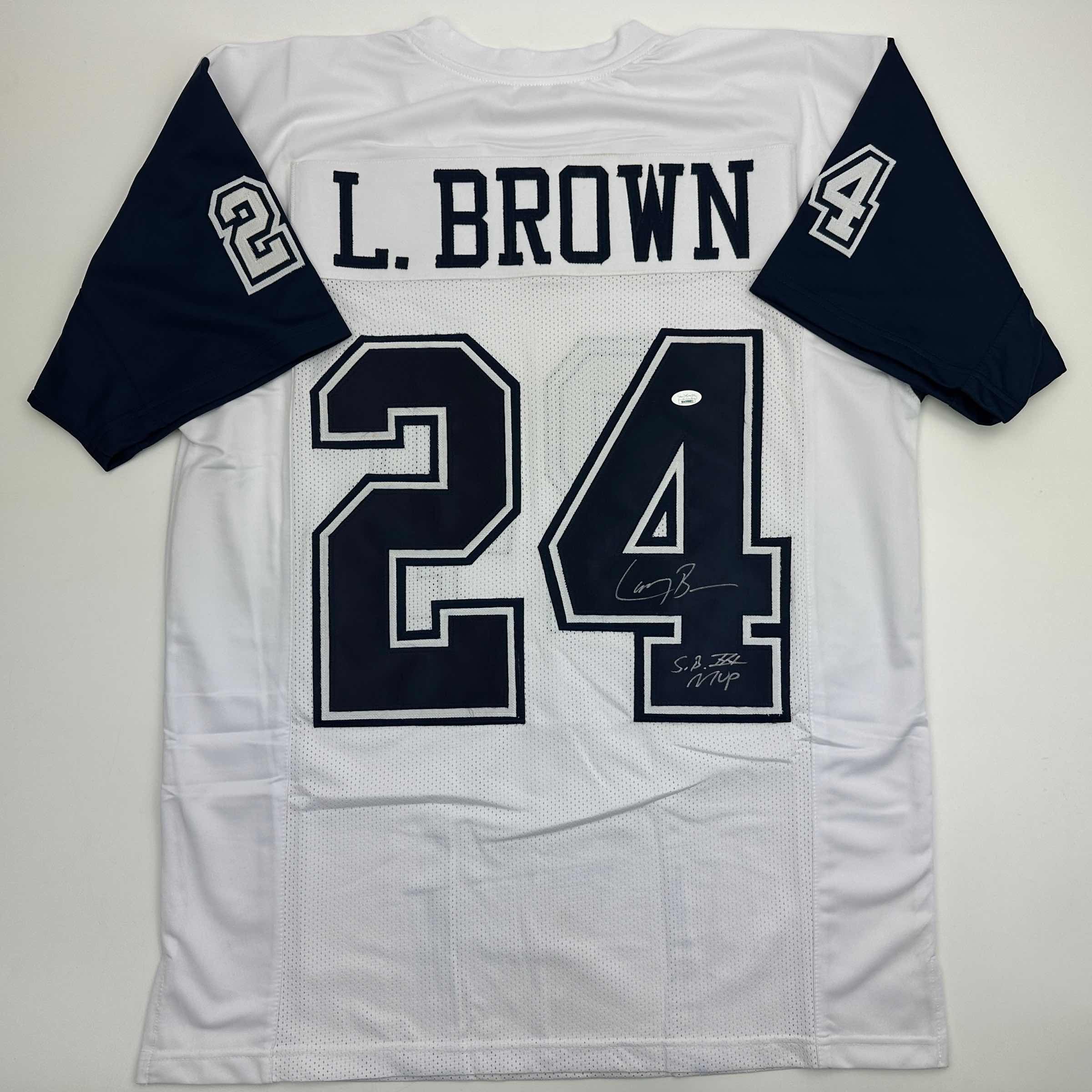 Autographed/Signed Larry Brown Super Bowl XXX MVP Dallas White Color Rush Football Jersey JSA COA
