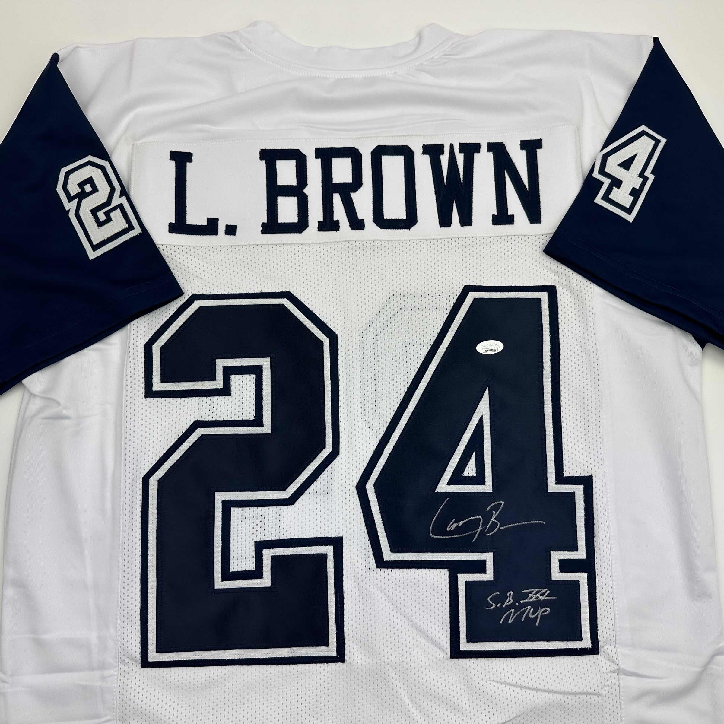 Autographed/Signed Larry Brown Super Bowl XXX MVP Dallas White Color Rush Football Jersey JSA COA