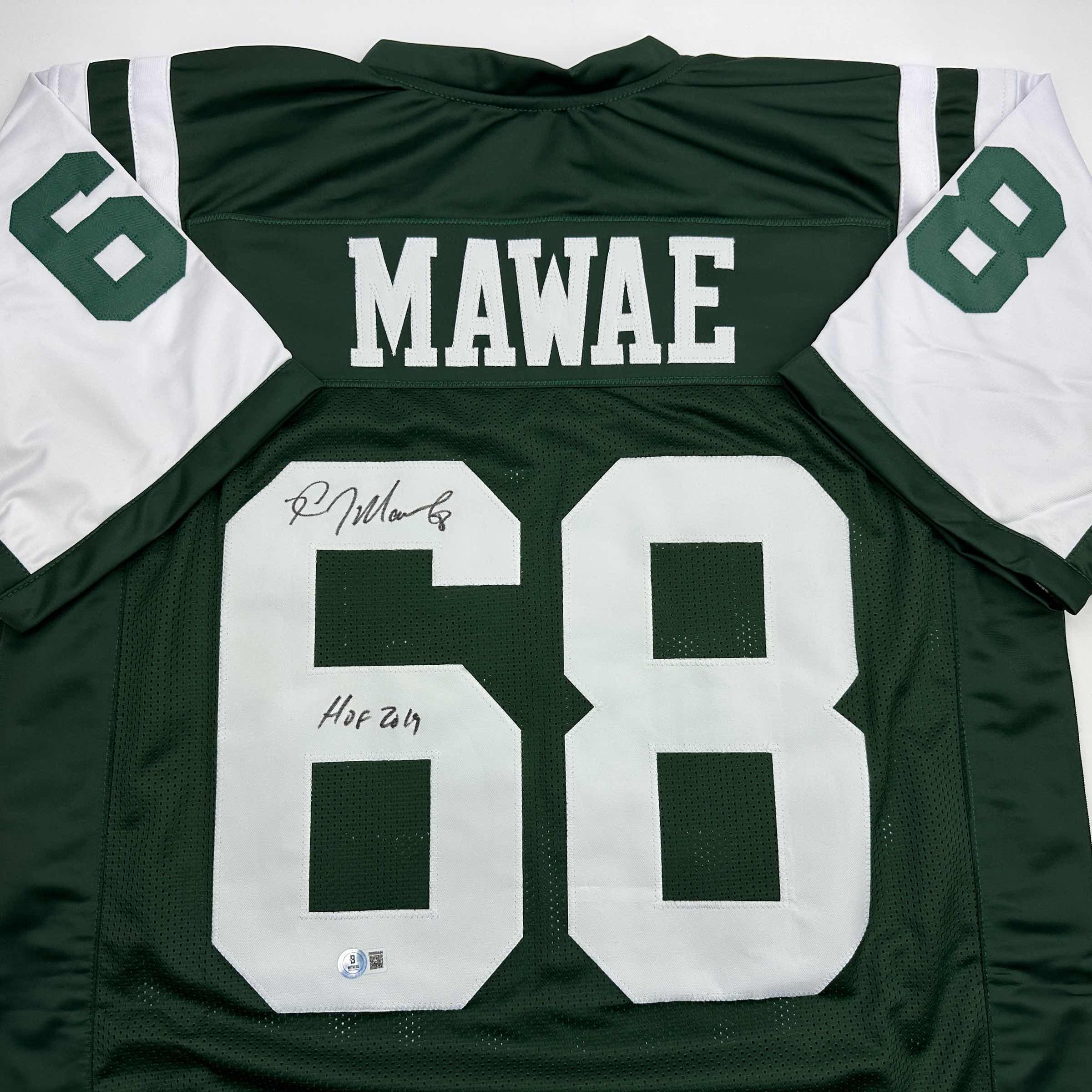Autographed/Signed Kevin Mawae HOF 2019 New York Green Football Jersey Beckett BAS COA