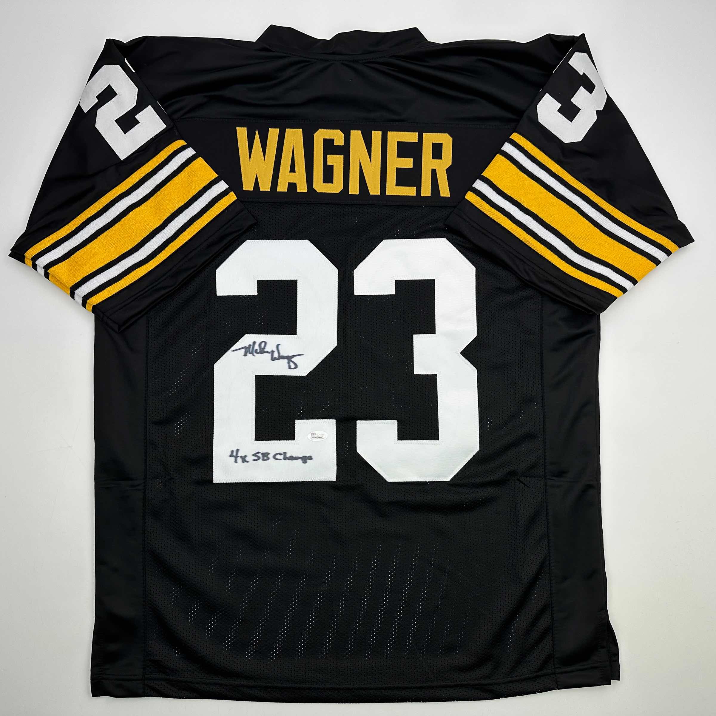 Autographed/Signed Mike Wagner 4x SB Champ Pittsburgh Black Football Jersey JSA COA