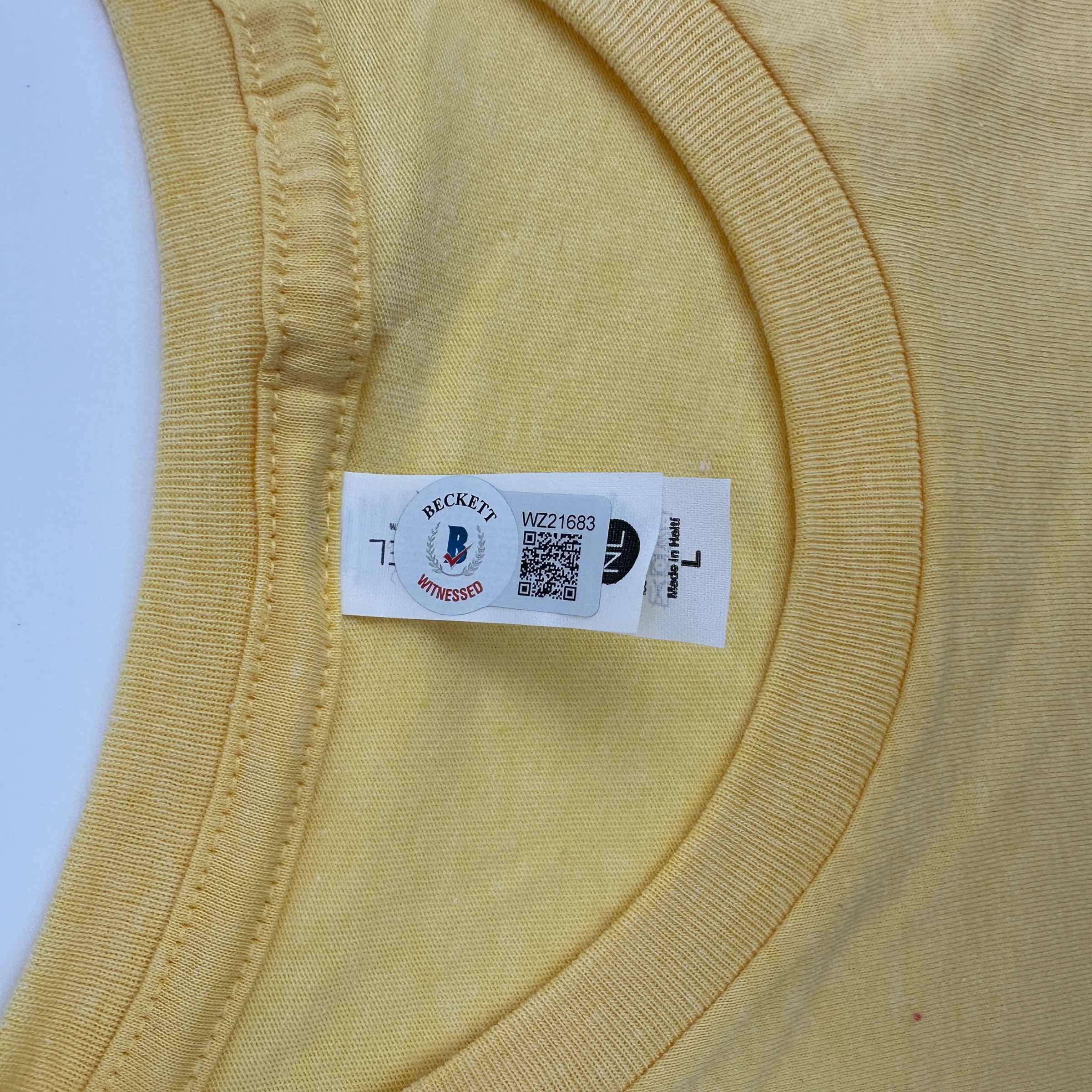 Autographed/Signed Hulk Hogan Hulkamania Yellow WWE Wrestling Shirt T-Shirt Beckett BAS COA