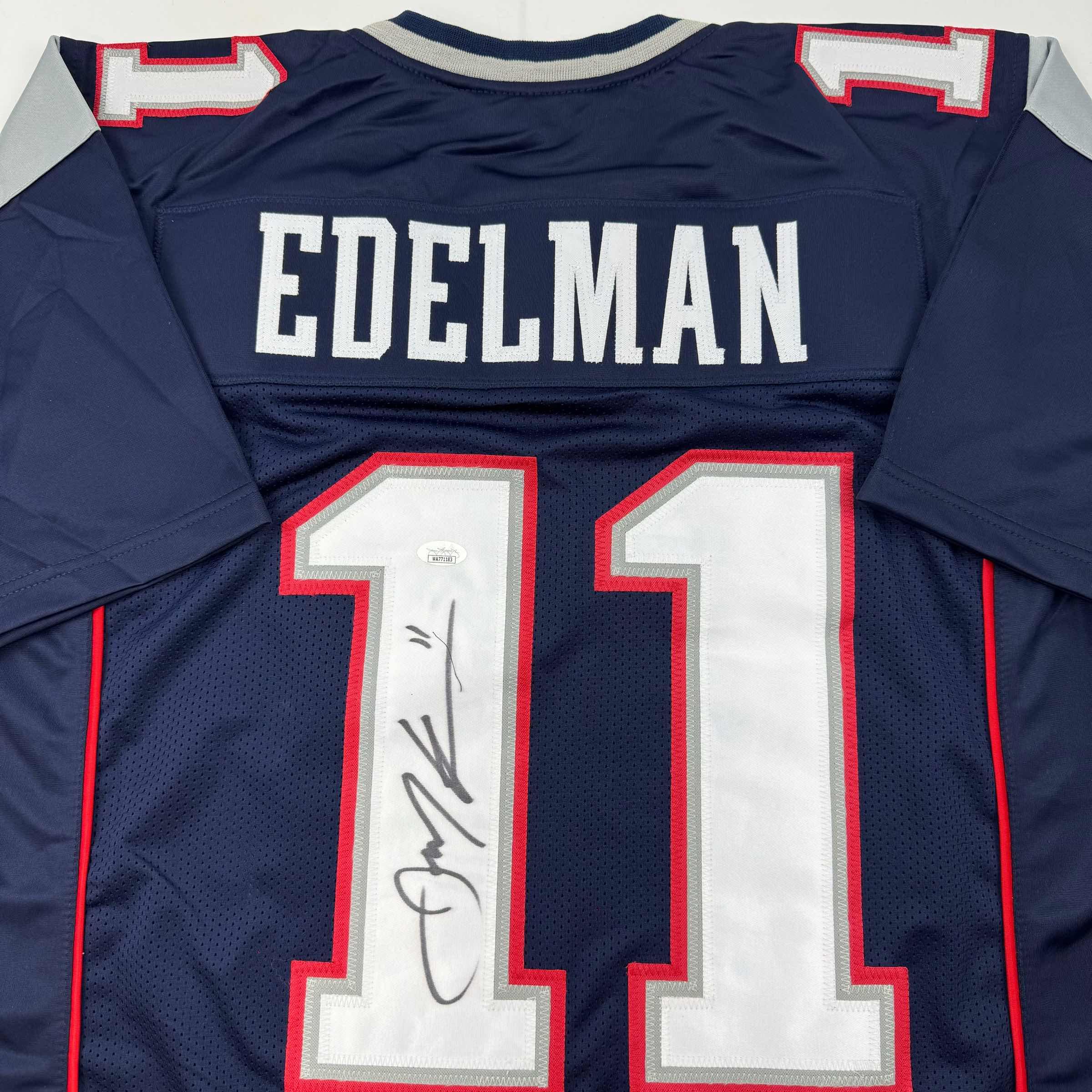 Autographed/Signed Julian Edelman New England Blue Football Jersey JSA COA