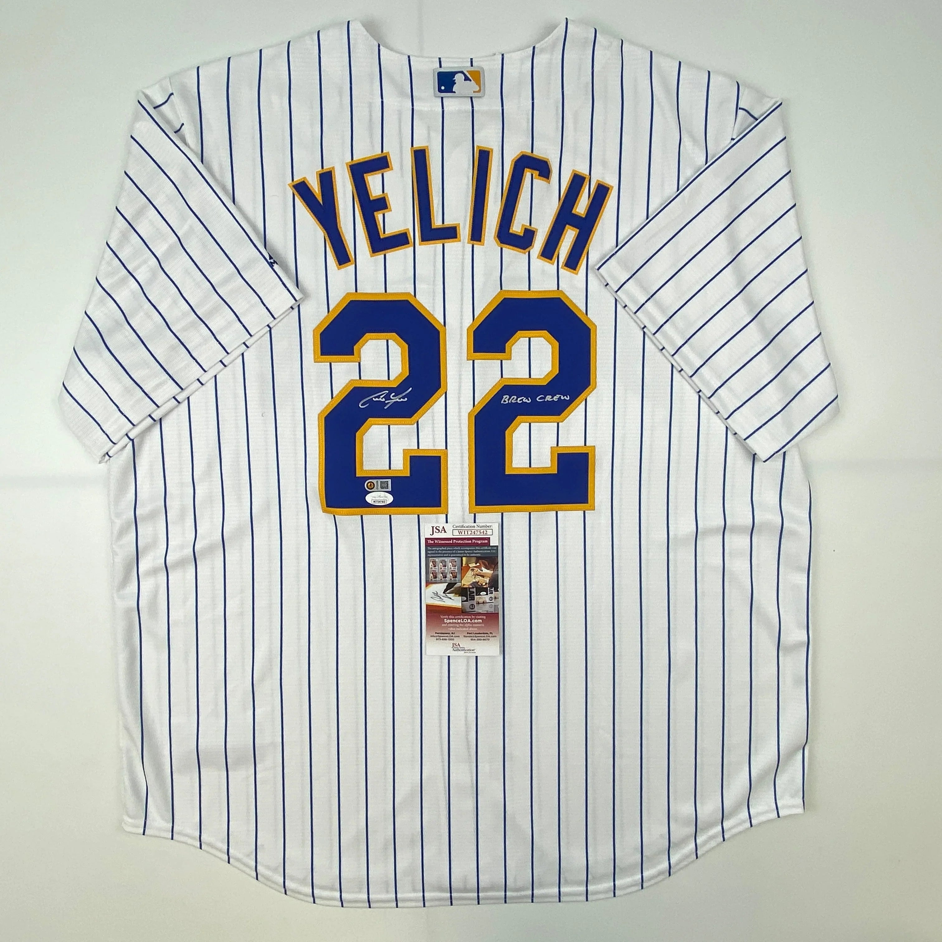 Autographed/Signed Christian Yelich Brew Crew Milwaukee Brewers Pinstripe Cool Base Baseball Jersey JSA COA