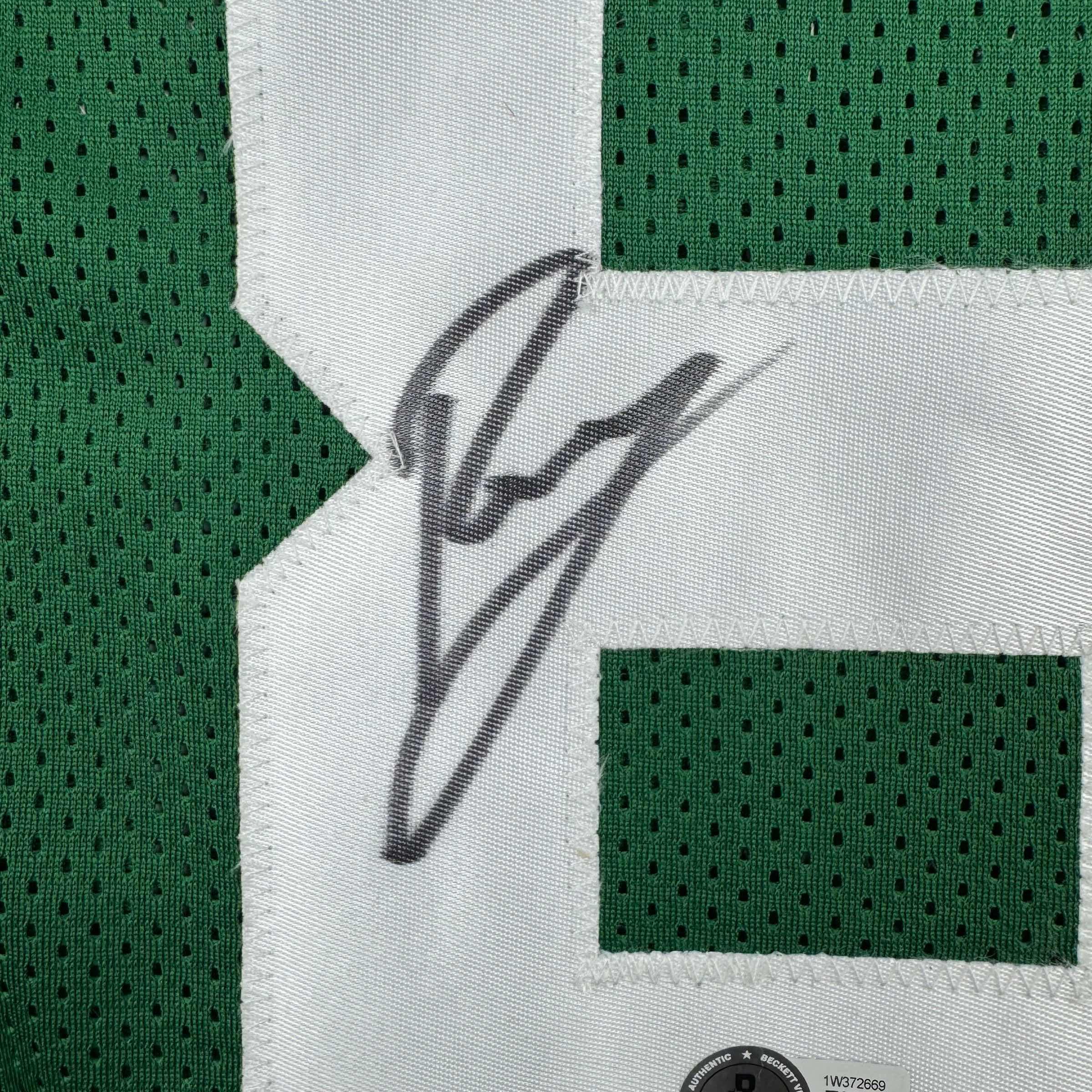 Framed Autographed/Signed Kristaps Porzingis 35x39 Boston Green Basketball Jersey JSA COA