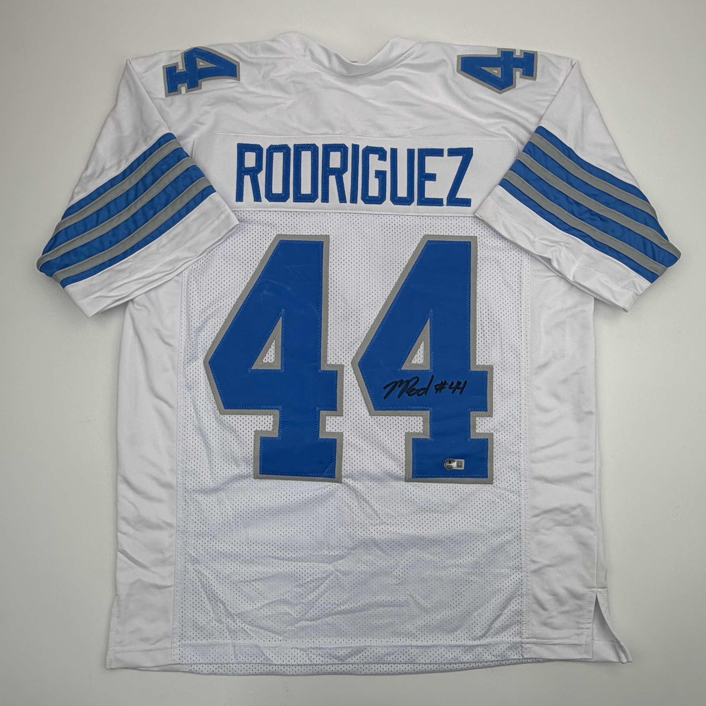 Autographed/Signed Malcolm Rodriguez Detroit White Football Jersey Beckett BAS COA