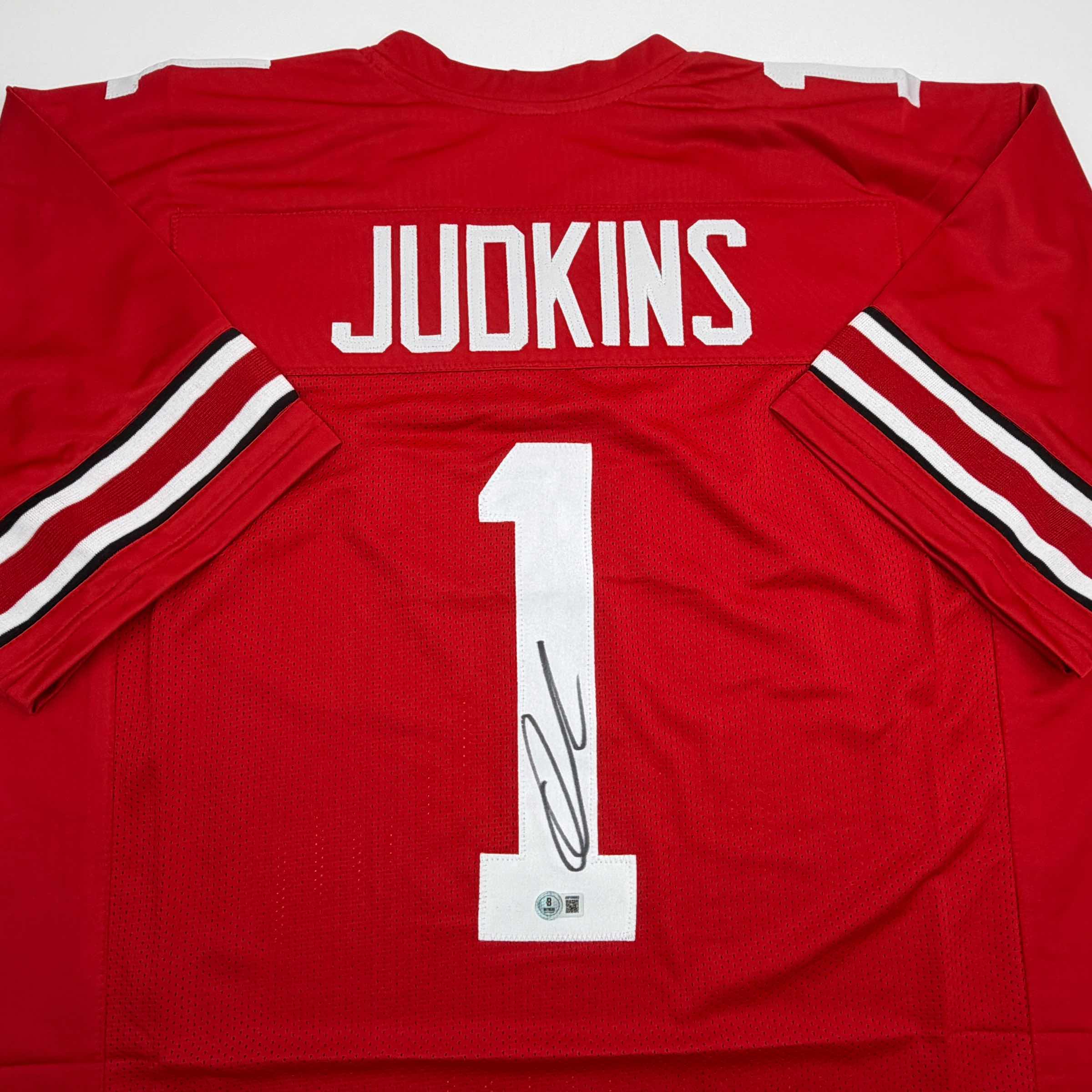 Autographed/Signed Quinshon Judkins Ohio State Red College Football Jersey Beckett BAS COA