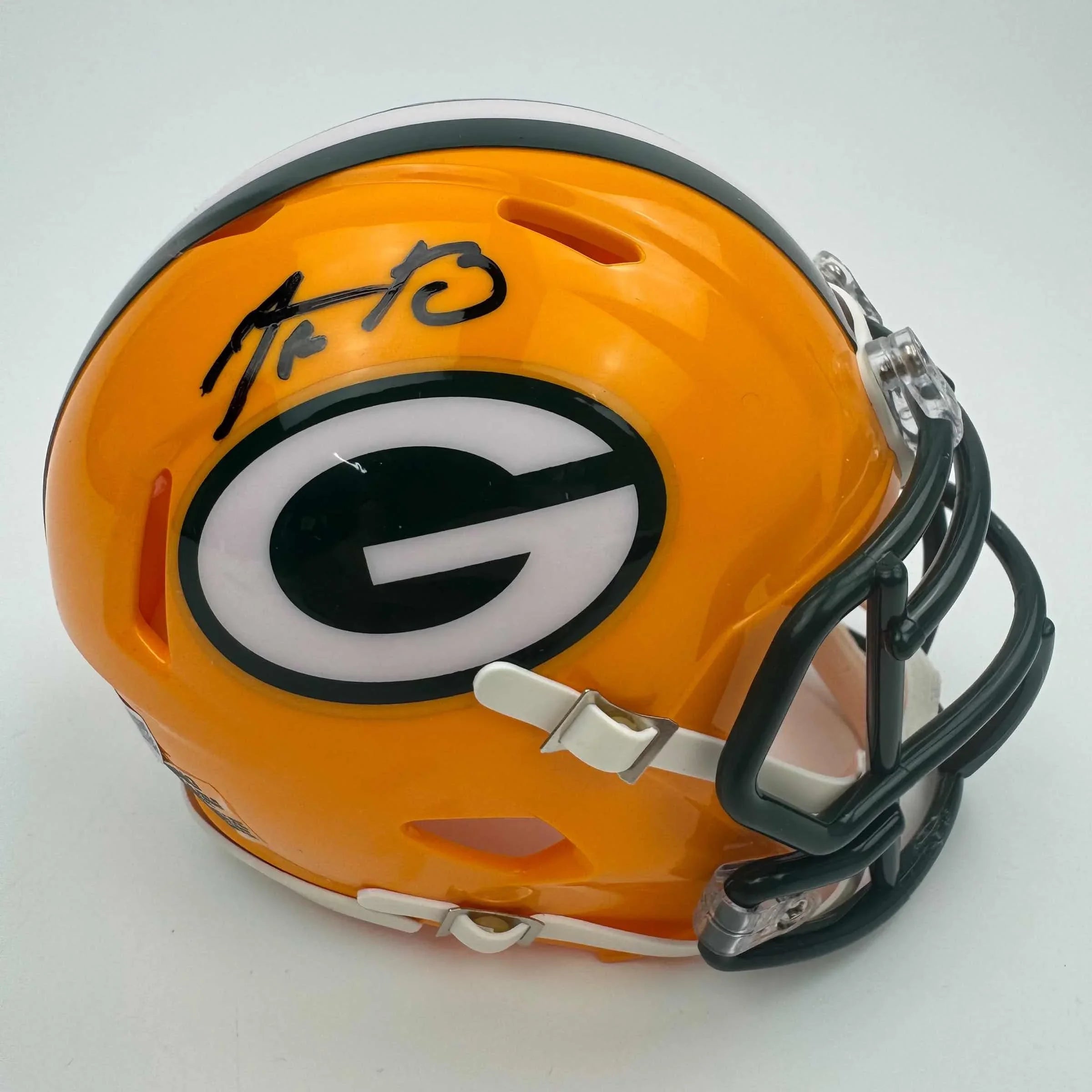 Autographed/Signed Aaron Rodgers Green Bay Packers Football Speed Mini Helmet Fanatics COA
